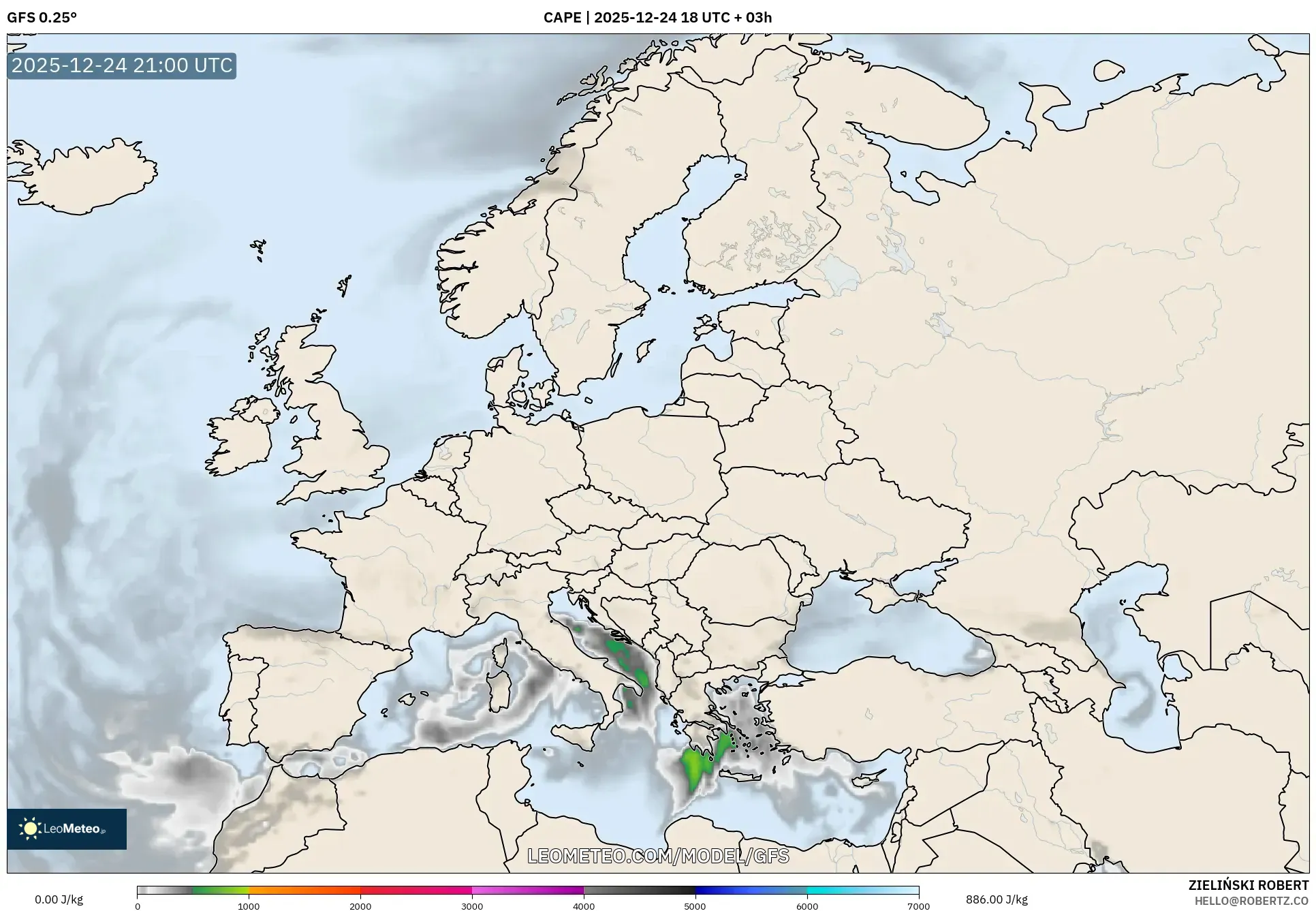 GFS model - Europe, CAPE