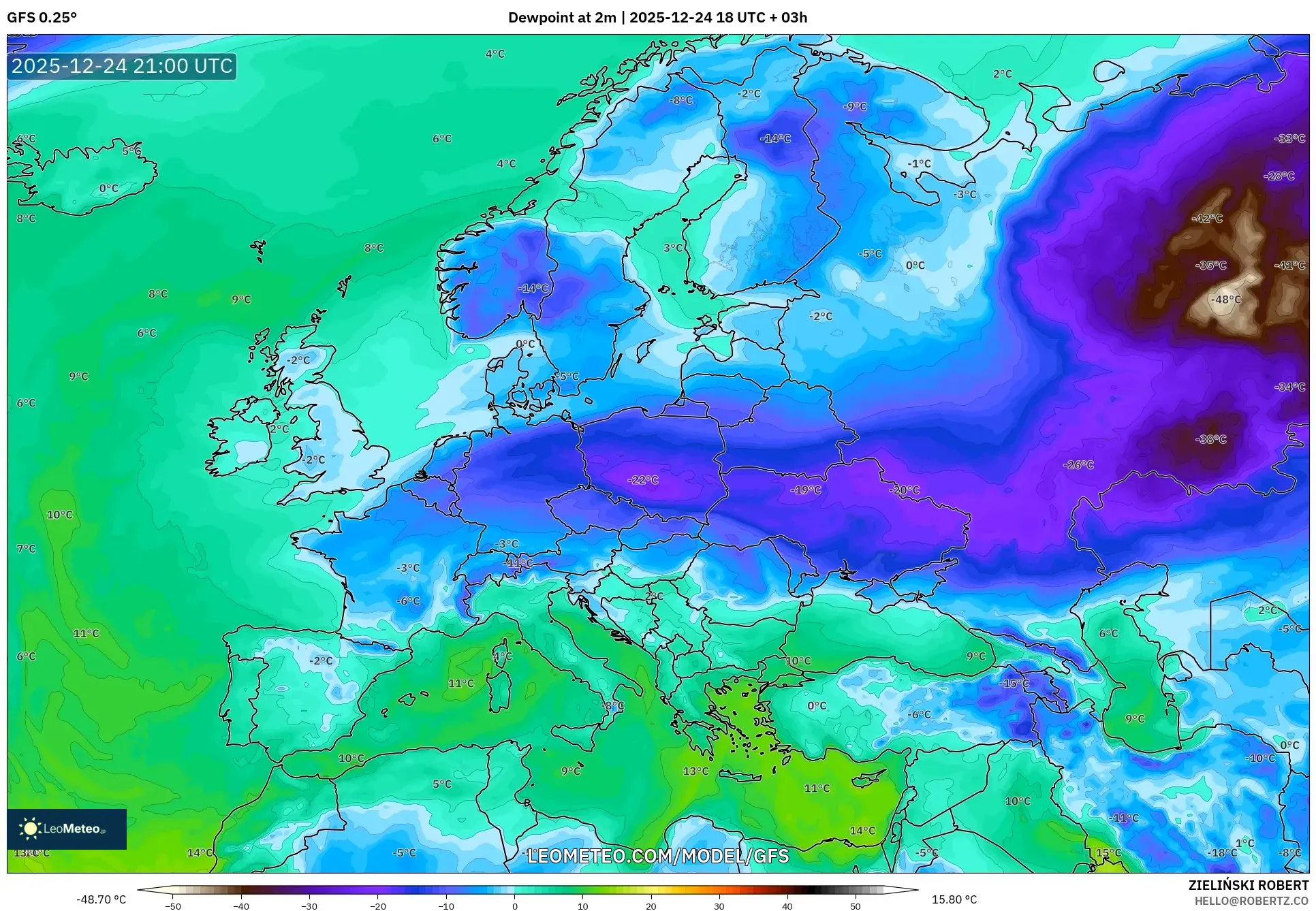 GFS model - Europe, Dewpoint at 2m