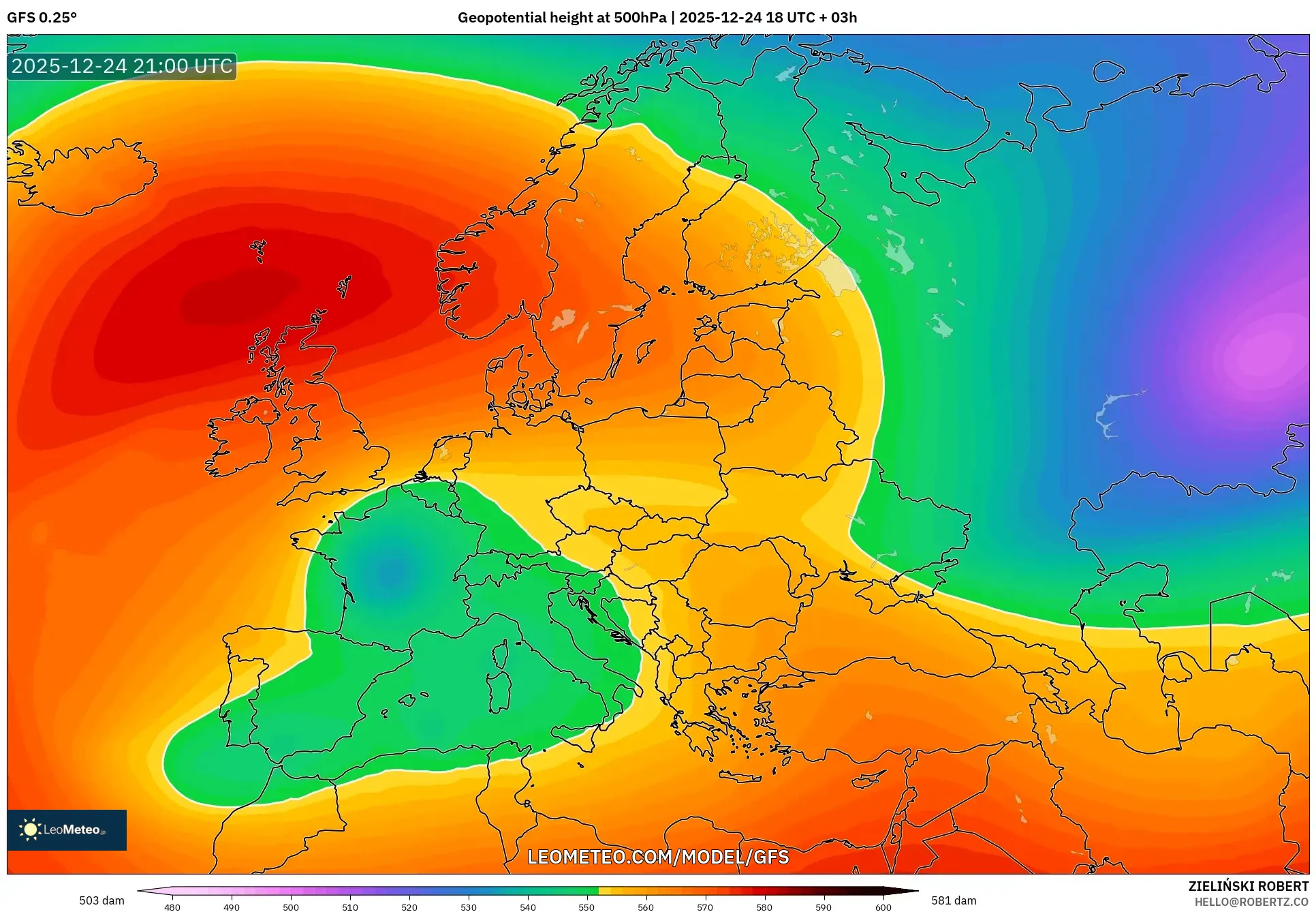GFS model - Europe, Geopotential height at 500hPa