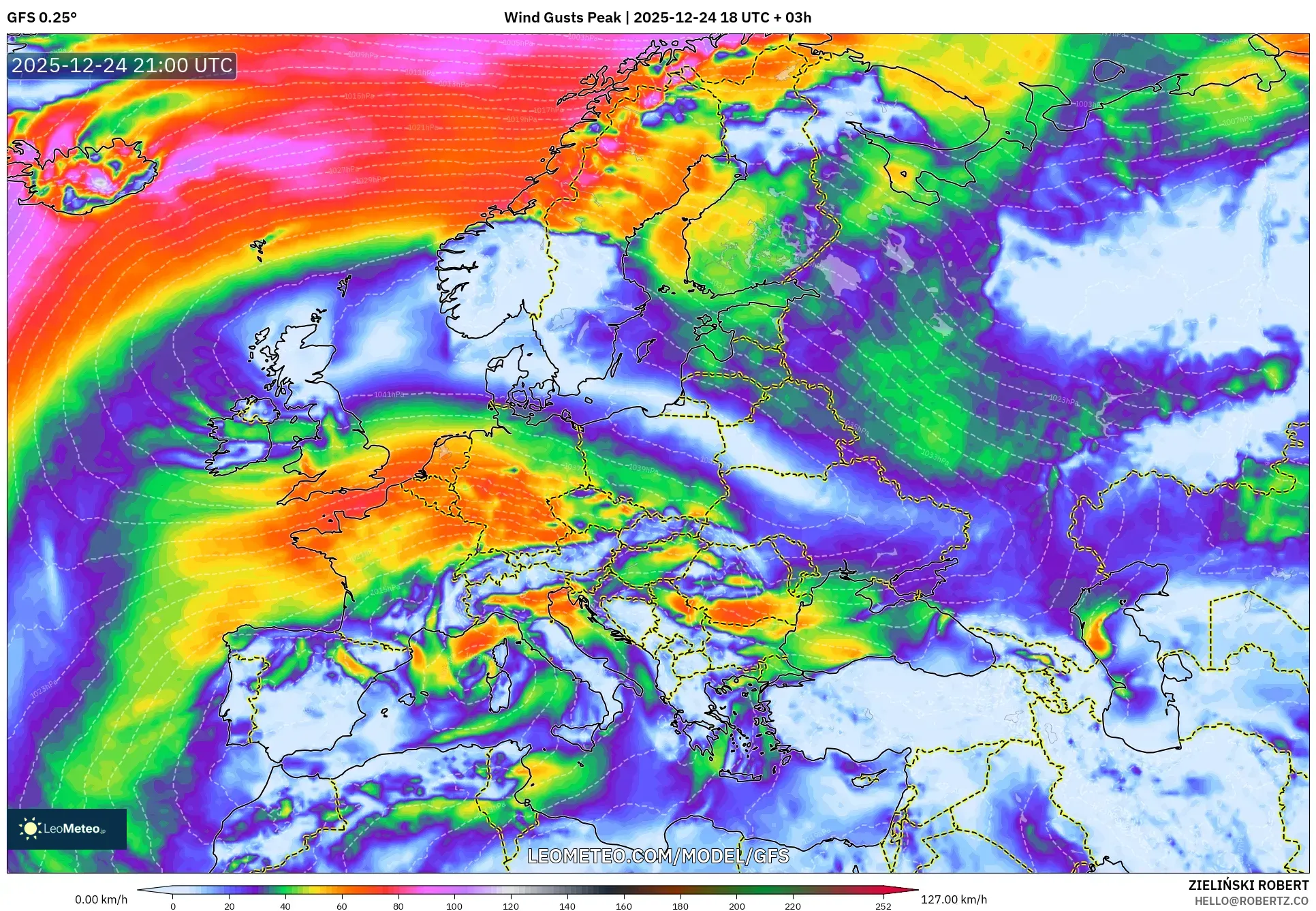 GFS model - Europe, Wind Gusts Peak