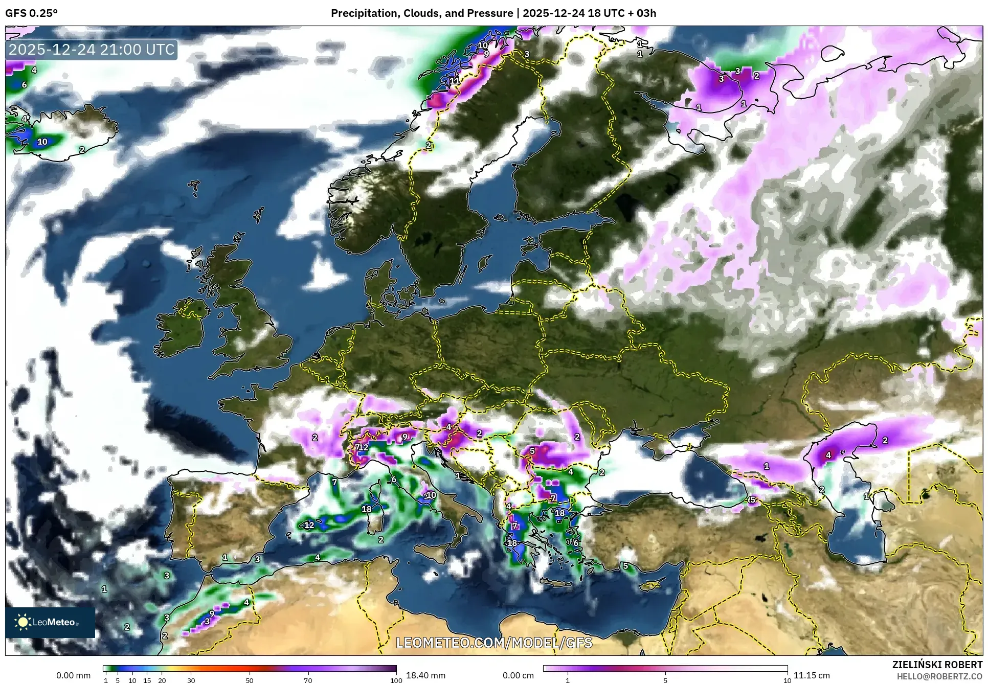 GFS model - Europe, Precipitation, Clouds, and Pressure