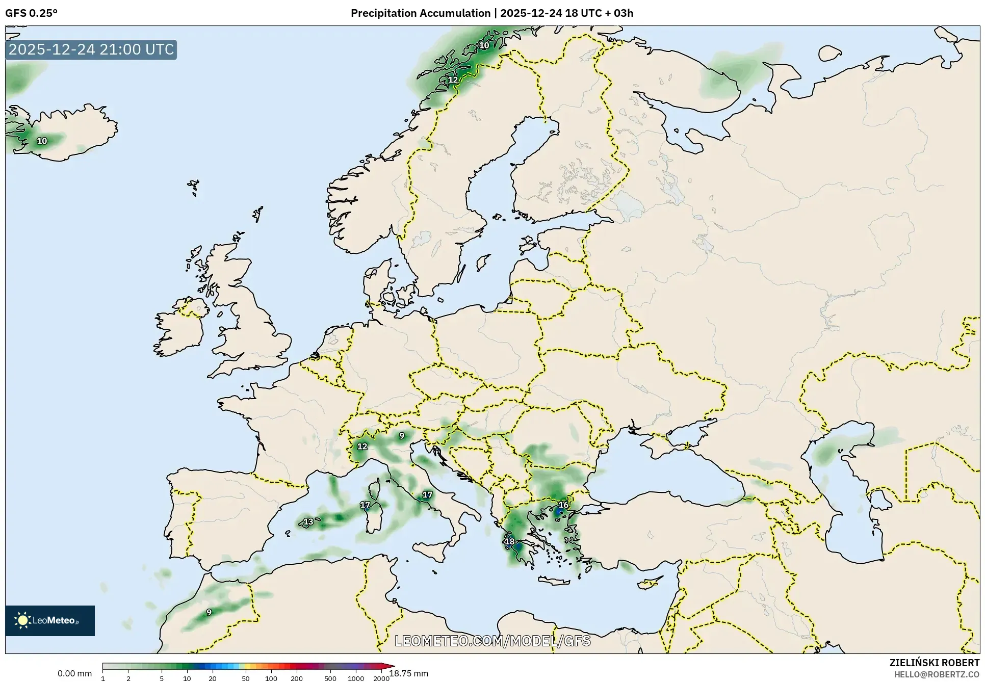 GFS model - Europe, Precipitation Accumulation