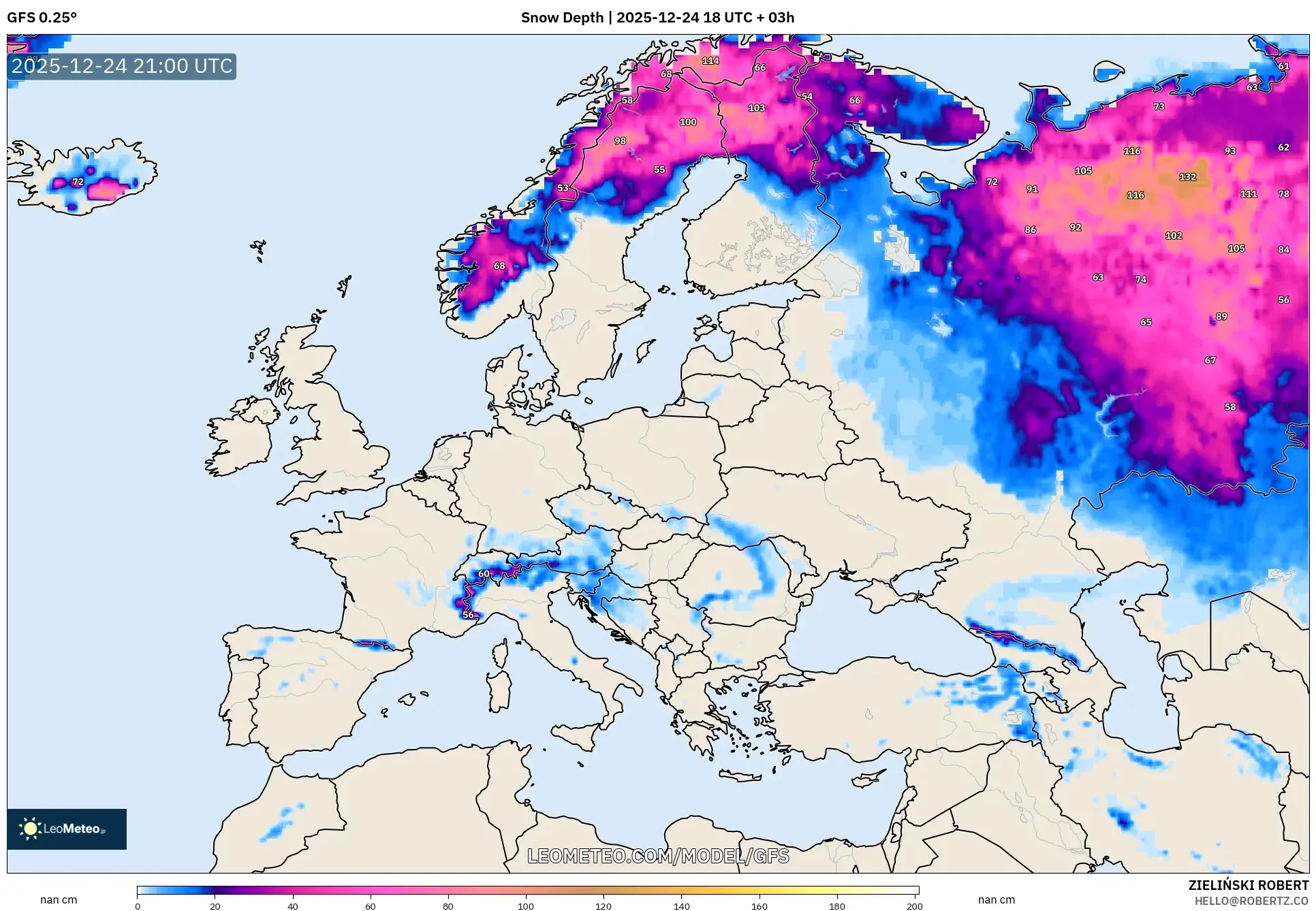 GFS model - Europe, Snow Depth