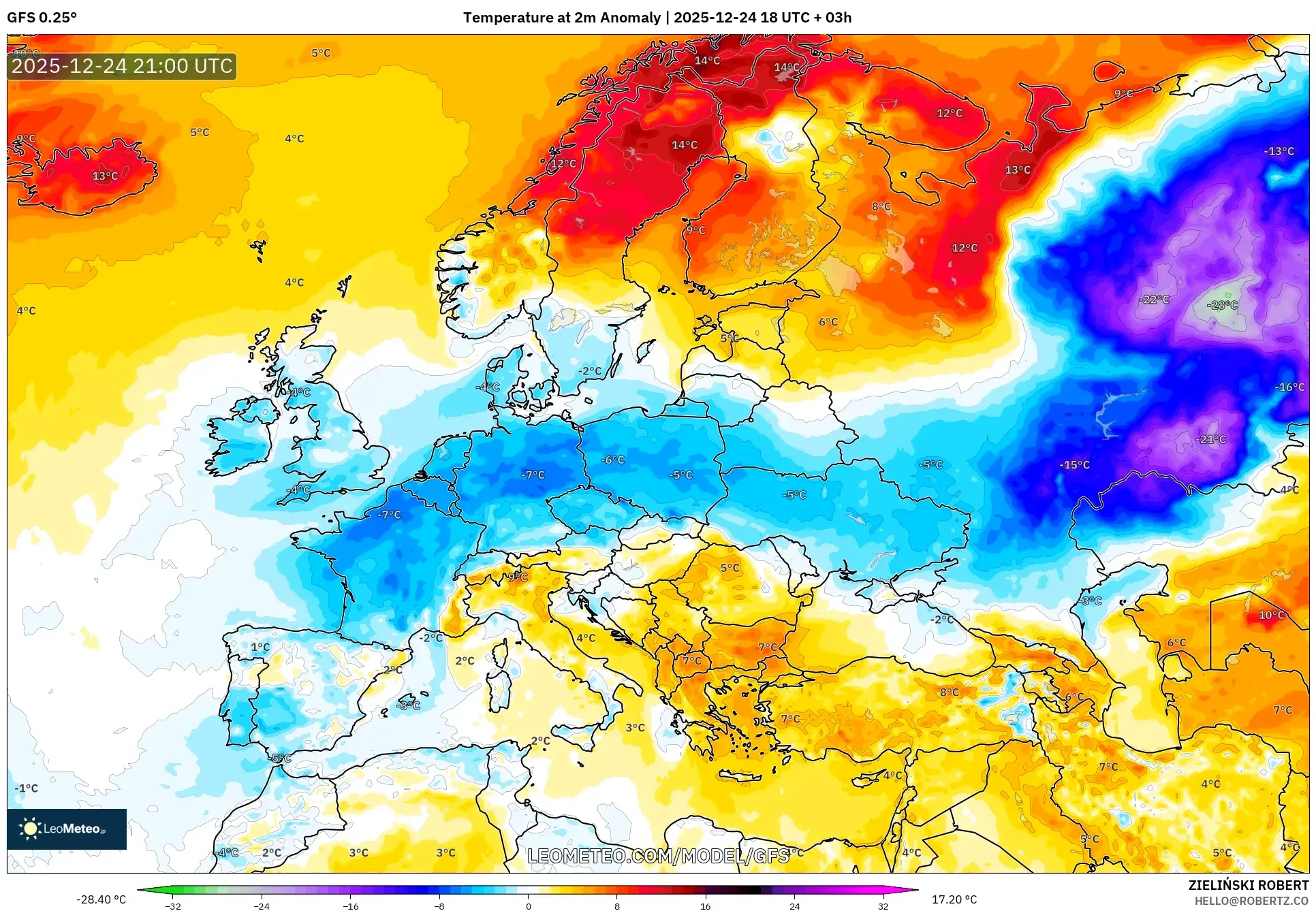 GFS model - Europe, Temperature at 2m Anomaly