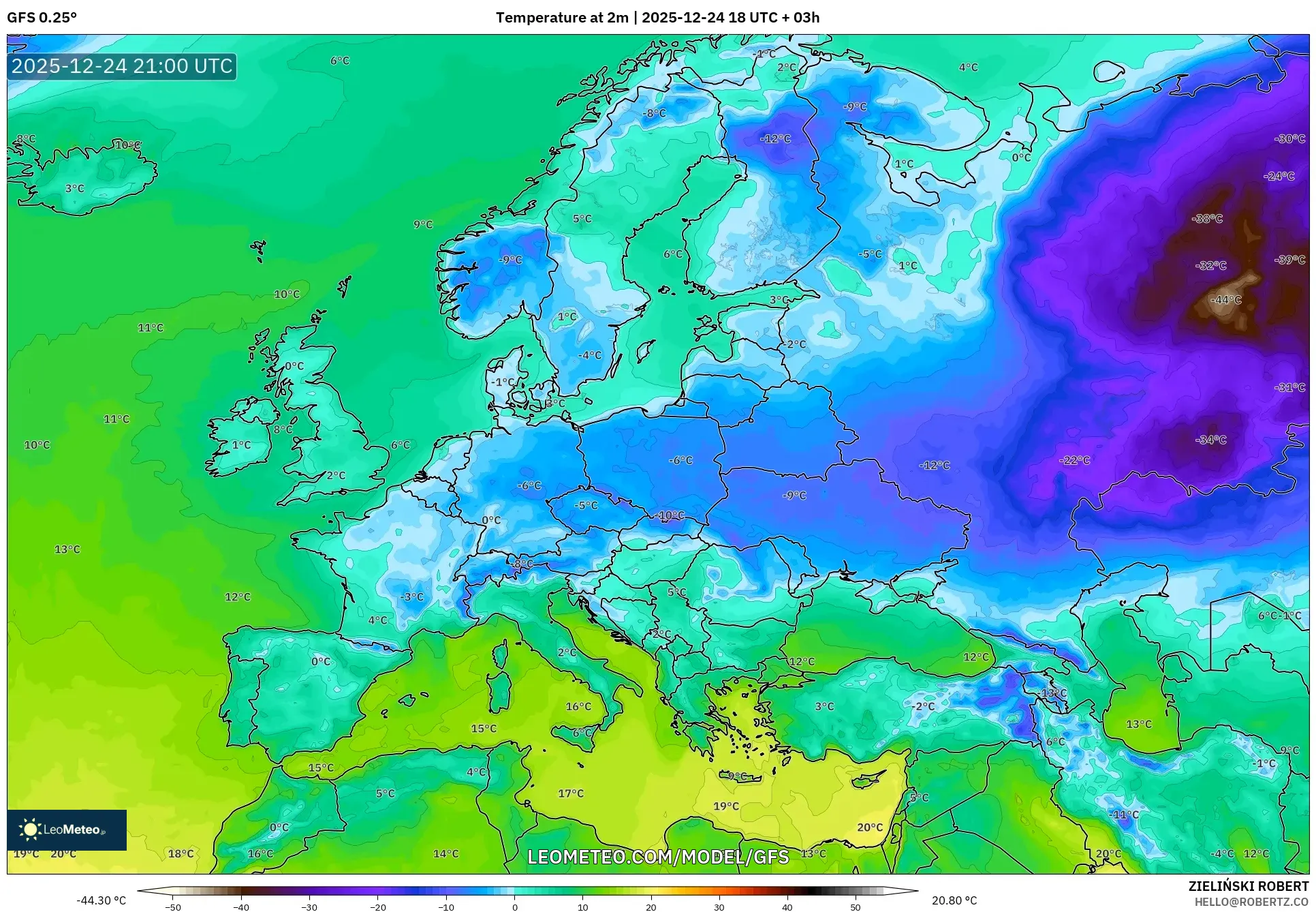 GFS model - Europe, Temperature at 2m