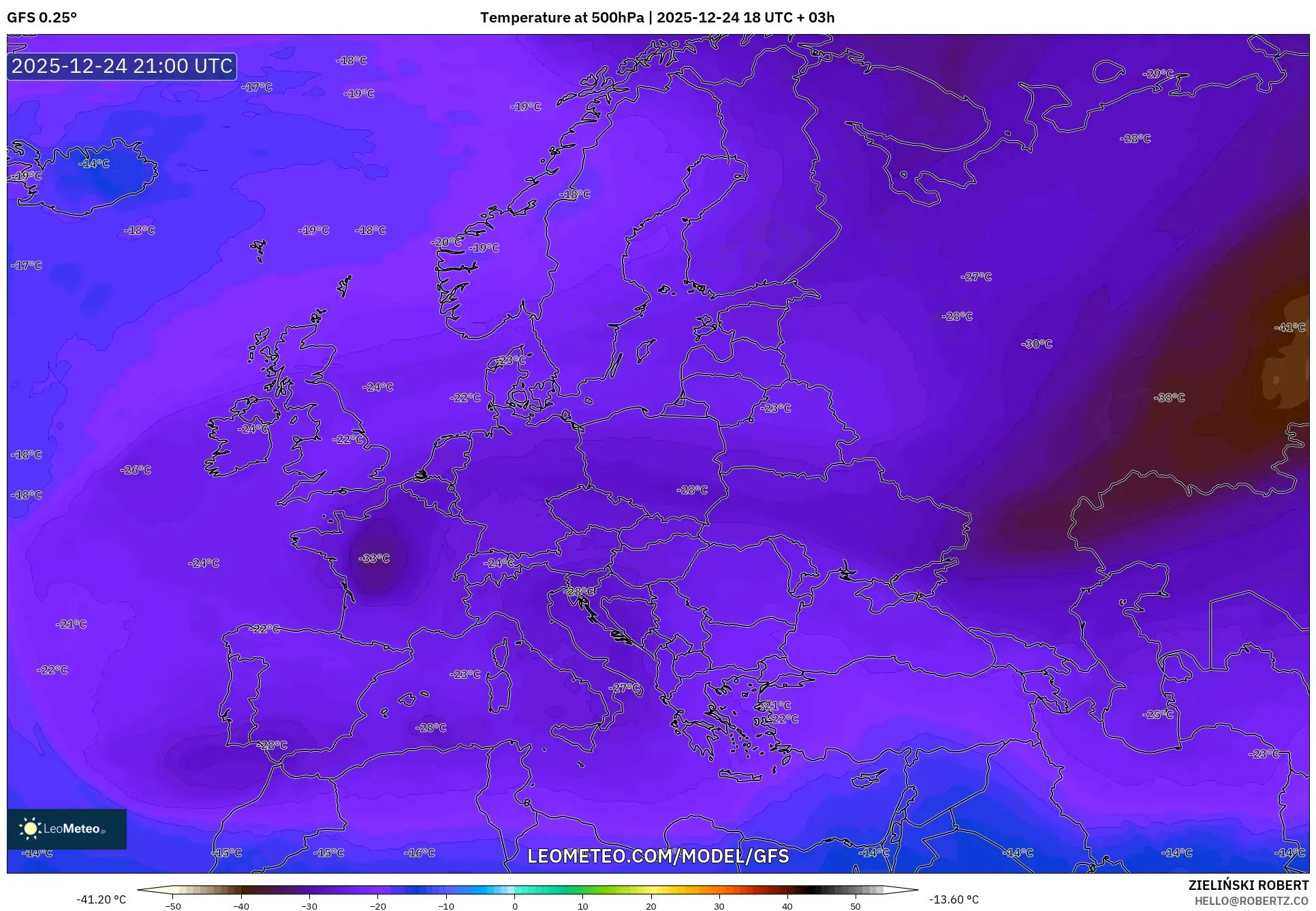 GFS model - Europe, Temperature at 500hPa