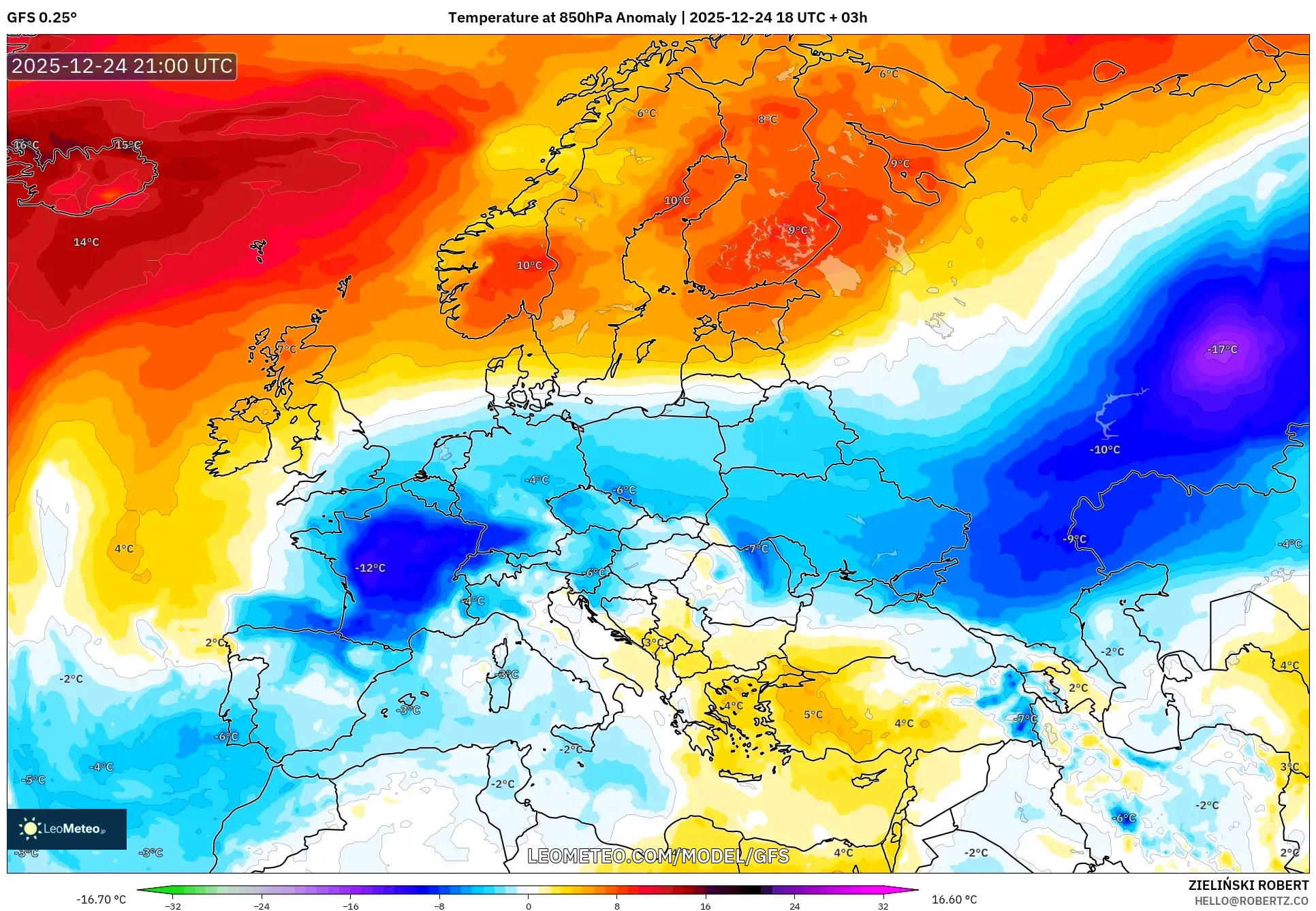GFS model - Europe, Temperature at 850hPa Anomaly