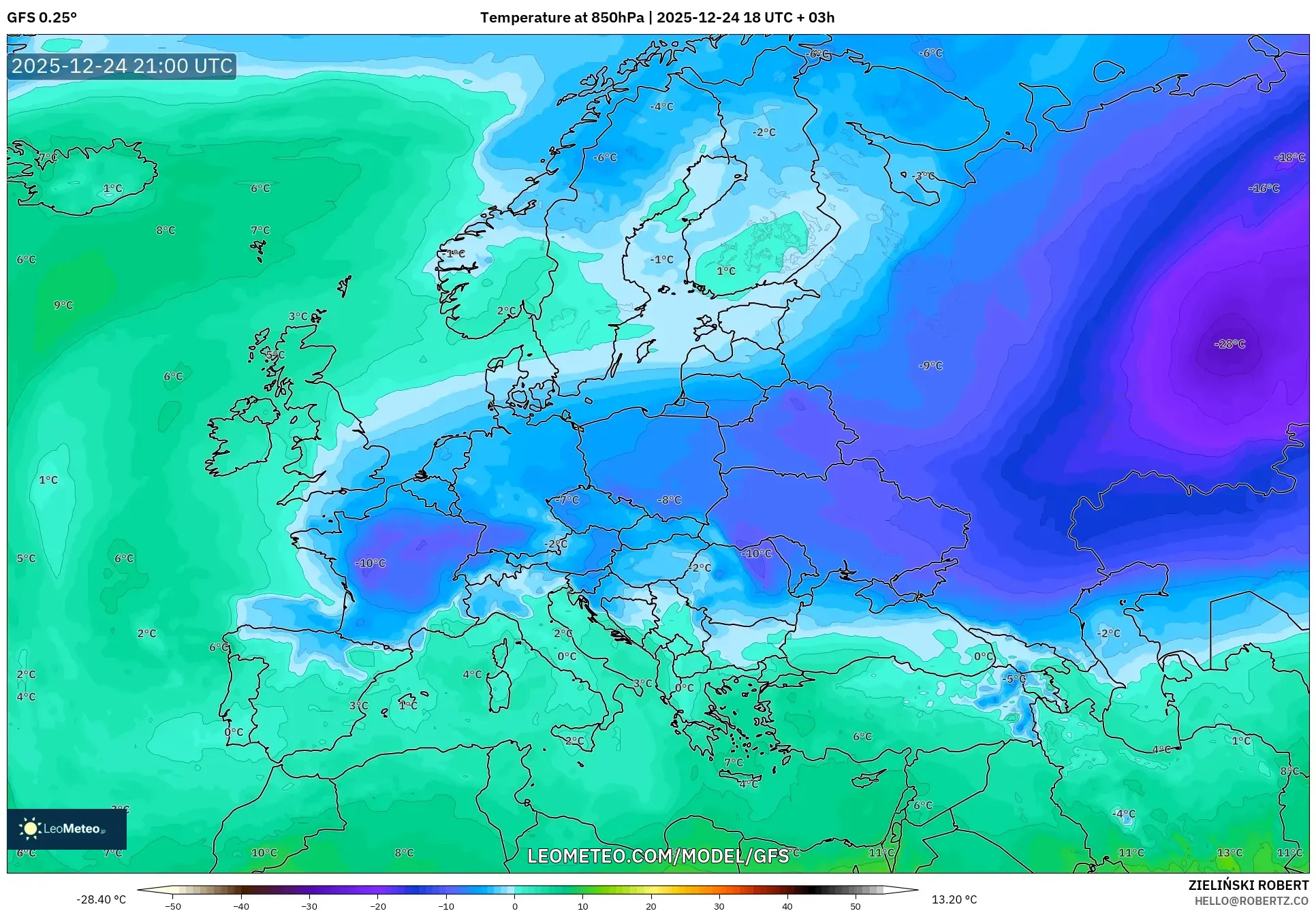 GFS model - Europe, Temperature at 850hPa