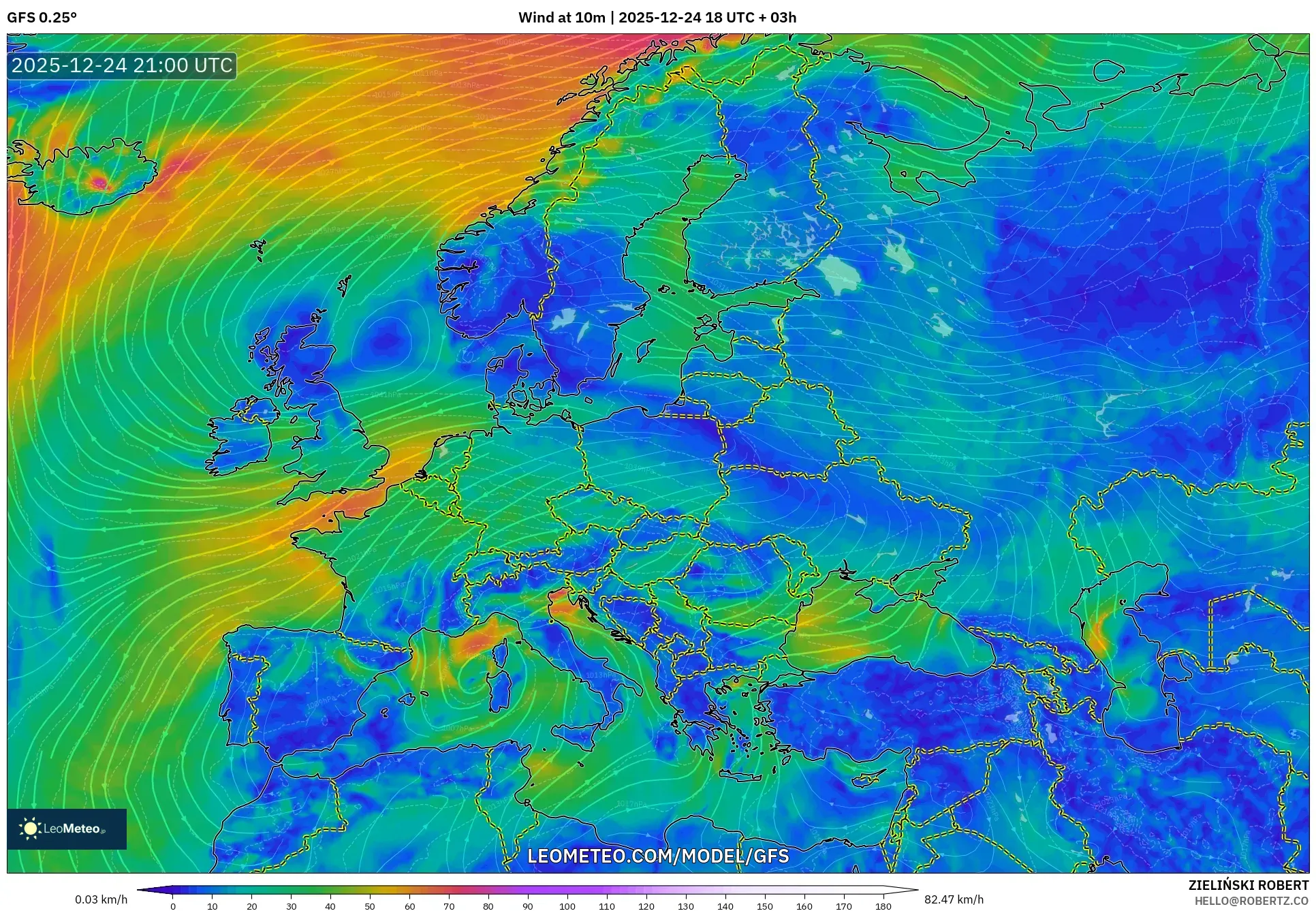 GFS model - Europe, Wind at 10m