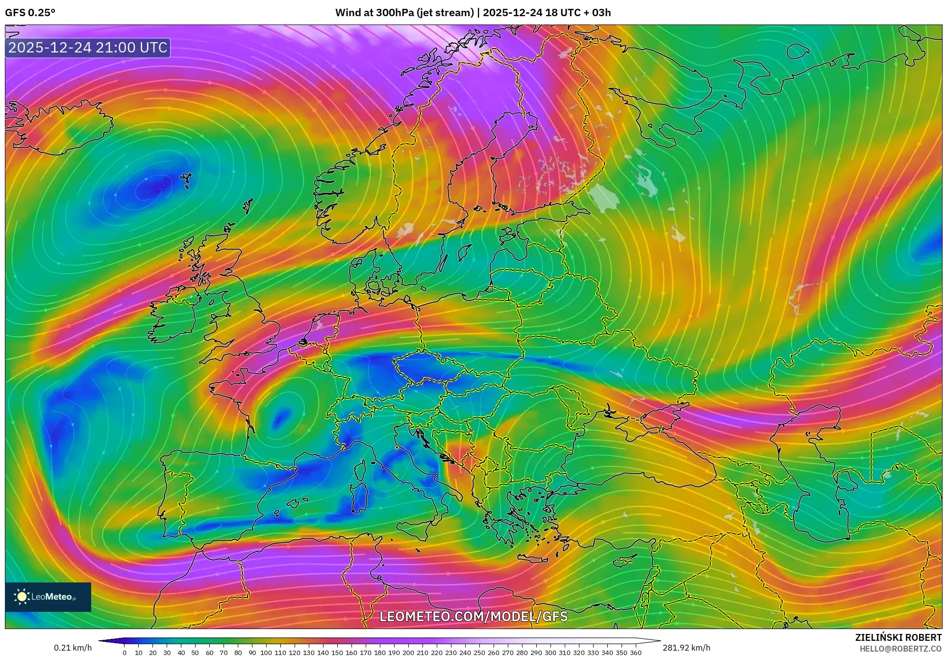 GFS model - Europe, Wind at 300hPa (jet stream)