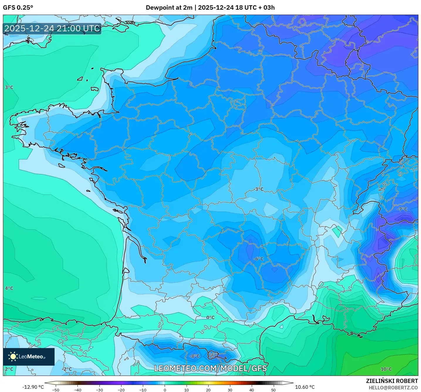 GFS model - France, Dewpoint at 2m