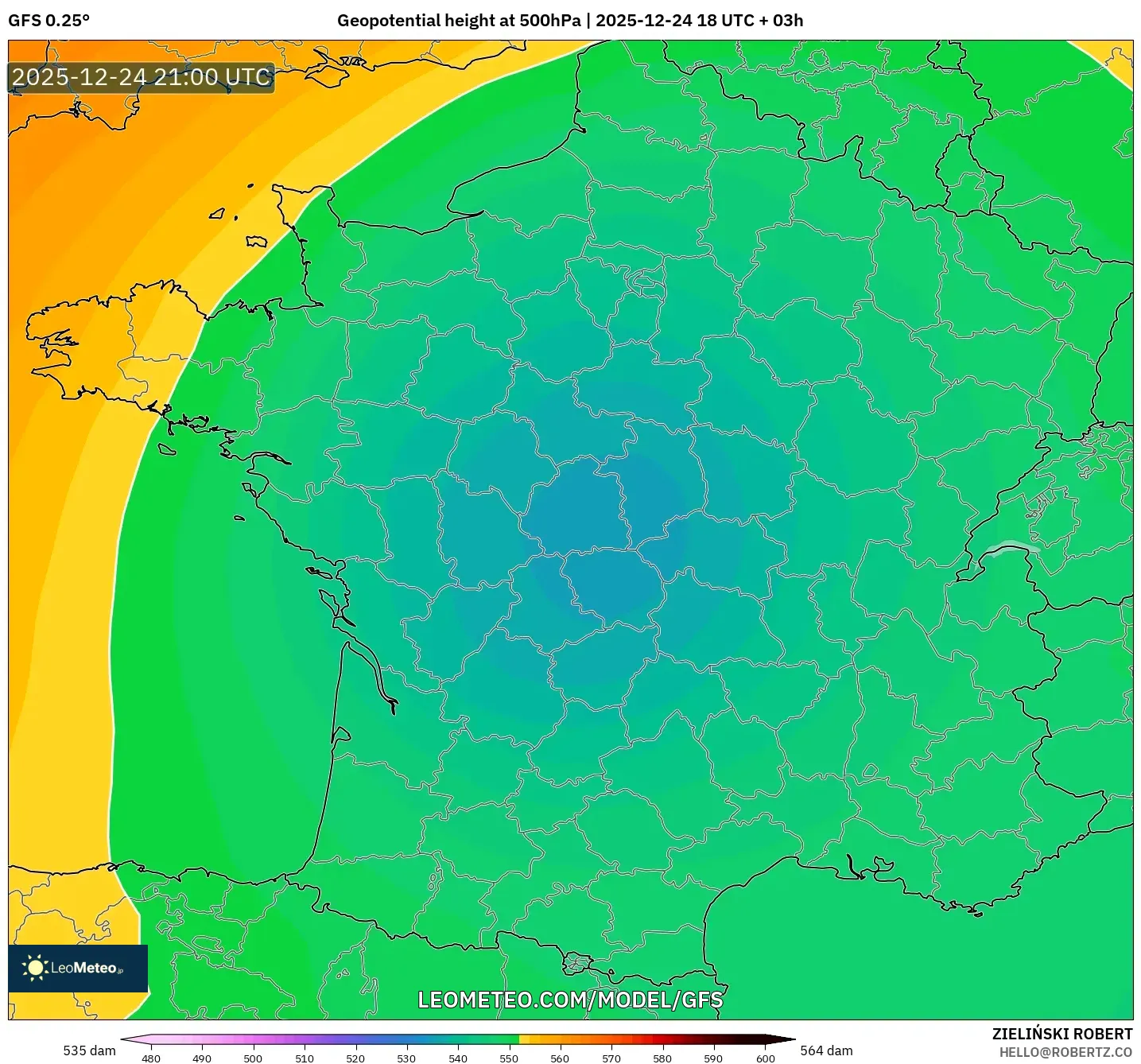 GFS model - France, Geopotential height at 500hPa