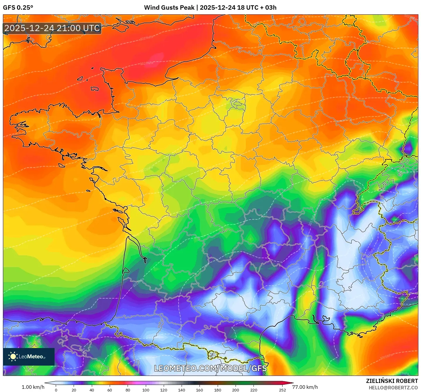 GFS model - France, Wind Gusts Peak