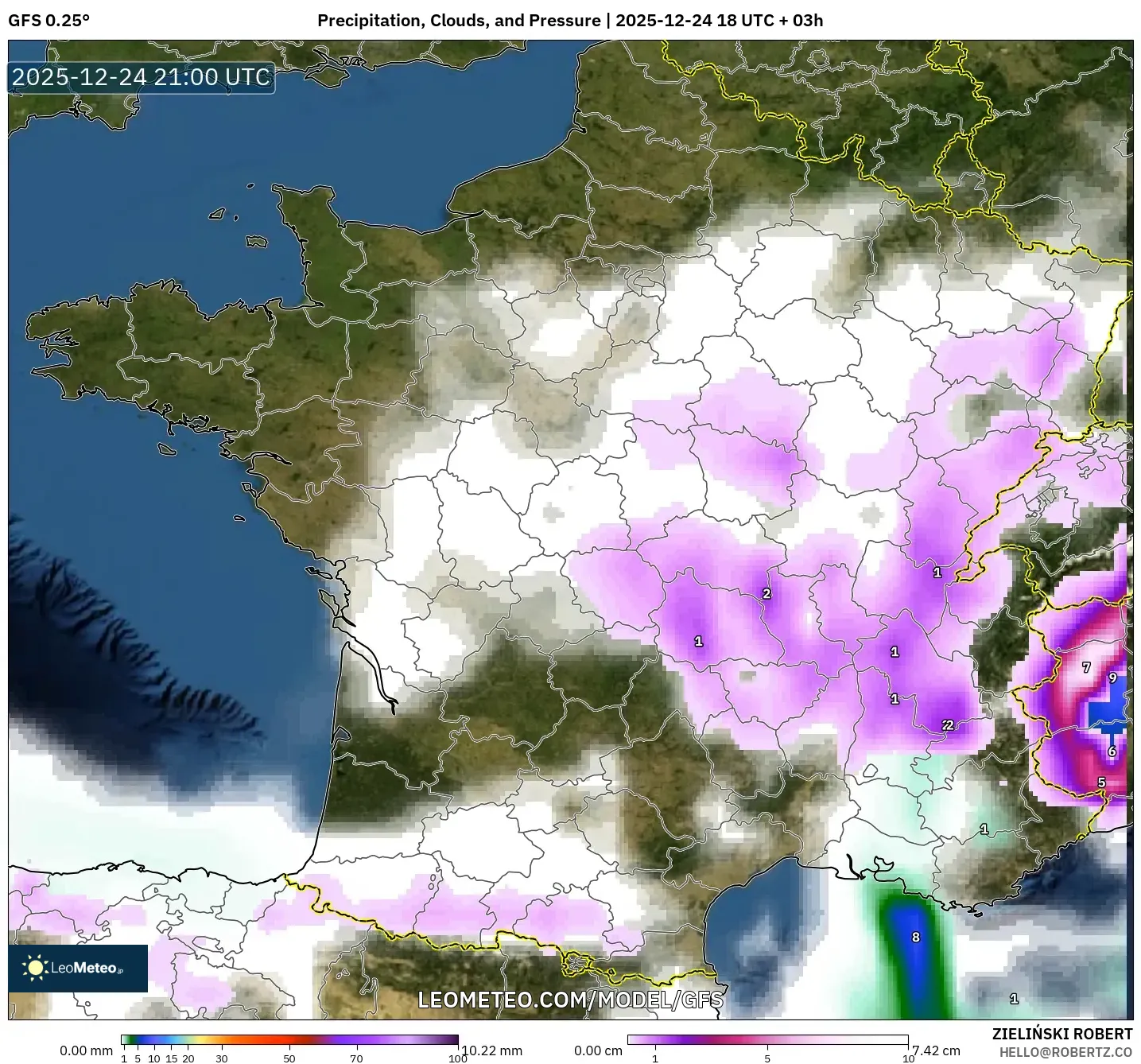 GFS model - France, Precipitation, Clouds, and Pressure