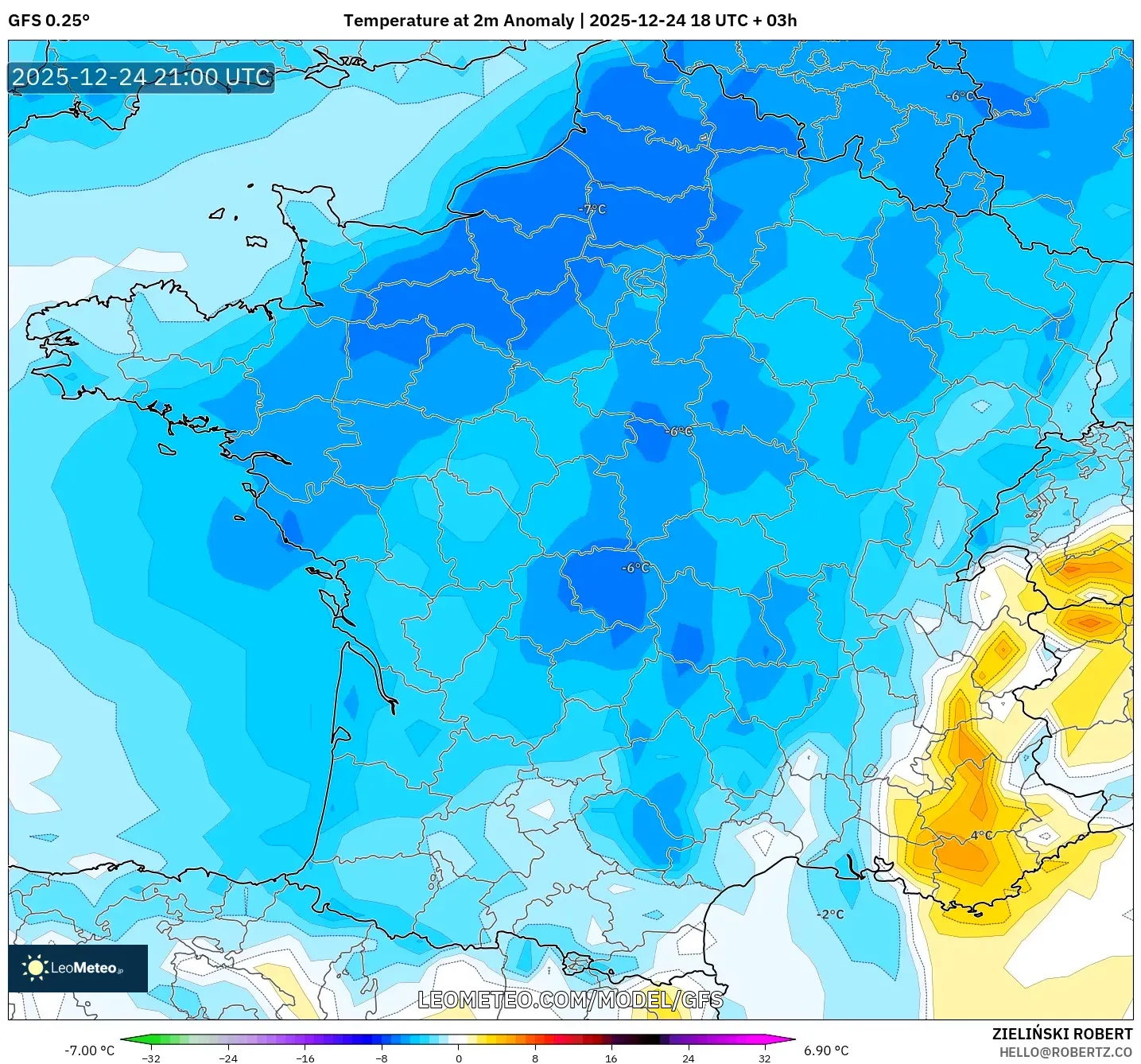 GFS model - France, Temperature at 2m Anomaly