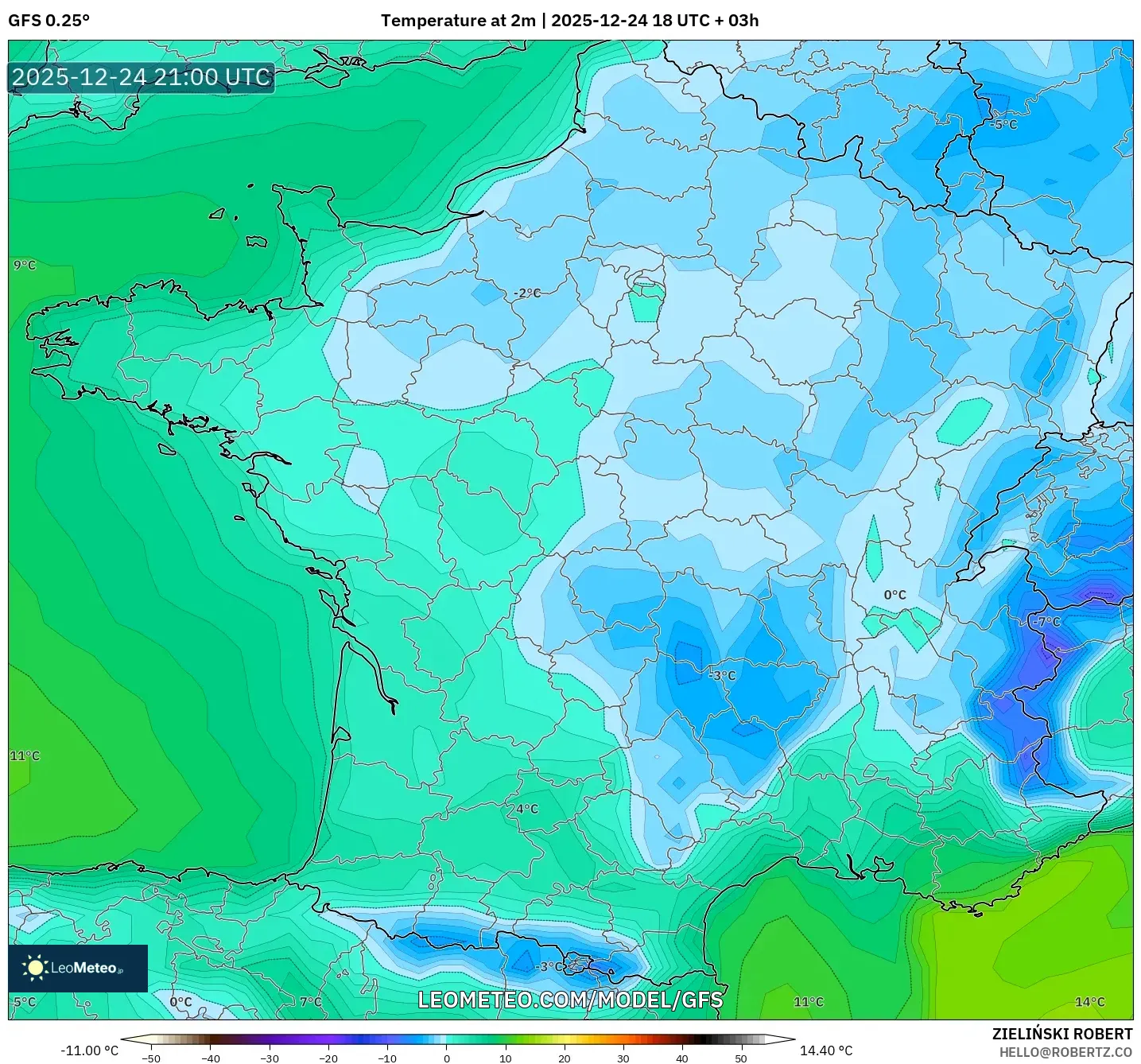GFS model - France, Temperature at 2m
