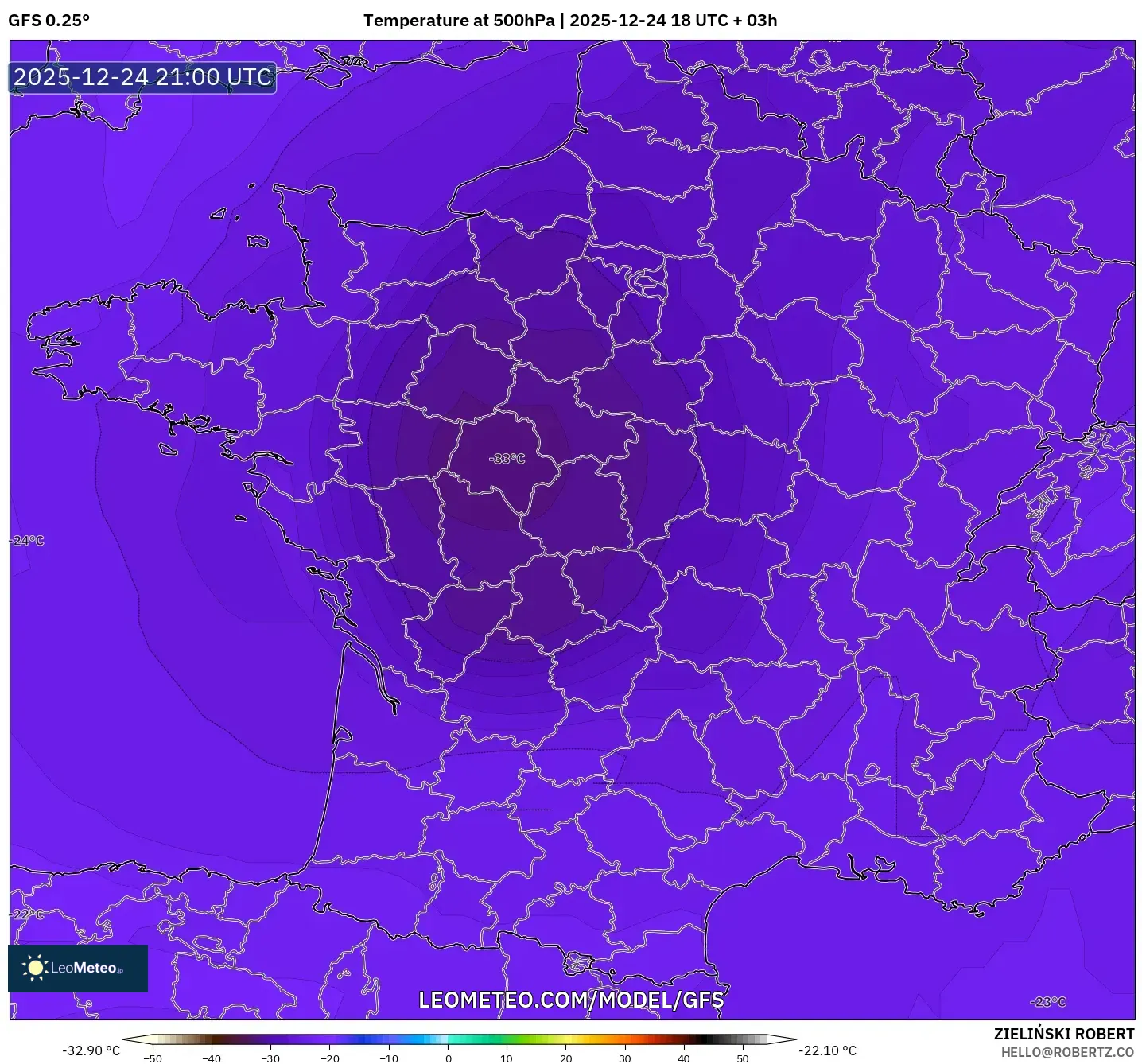 GFS model - France, Temperature at 500hPa