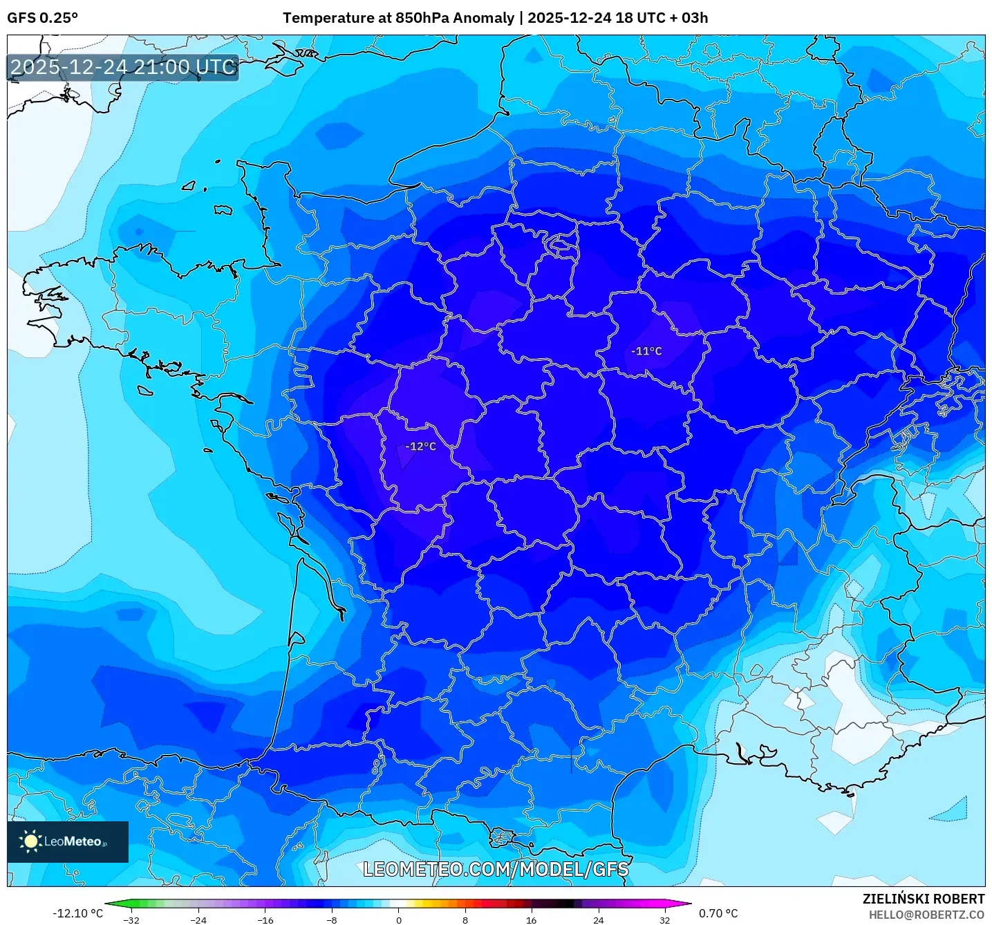 GFS model - France, Temperature at 850hPa Anomaly