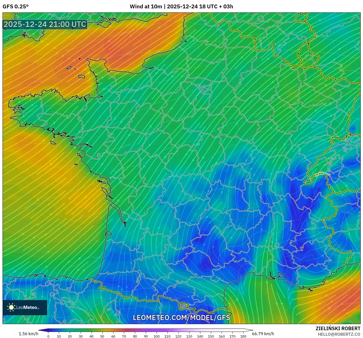 GFS model - France, Wind at 10m