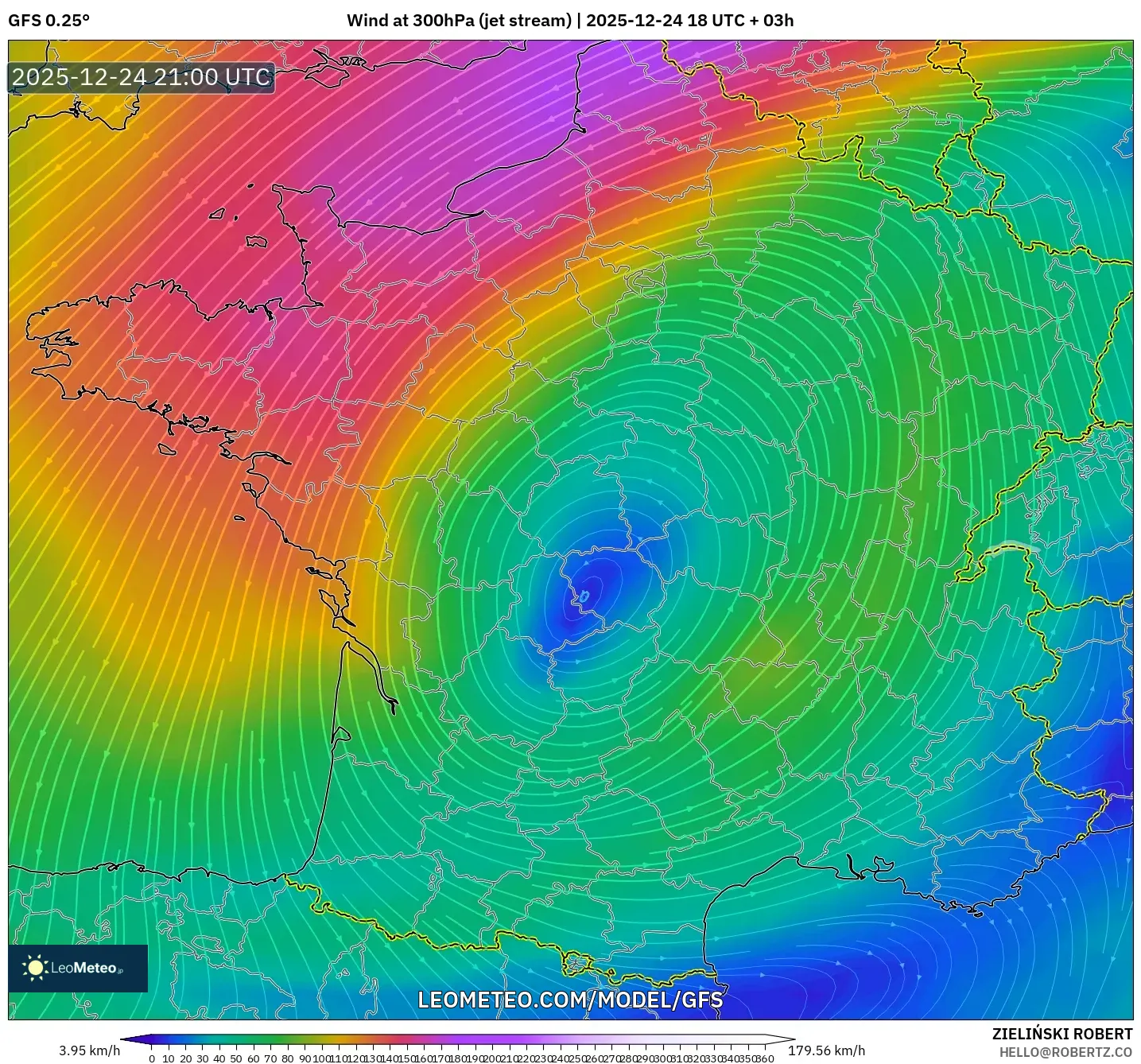 GFS model - France, Wind at 300hPa (jet stream)