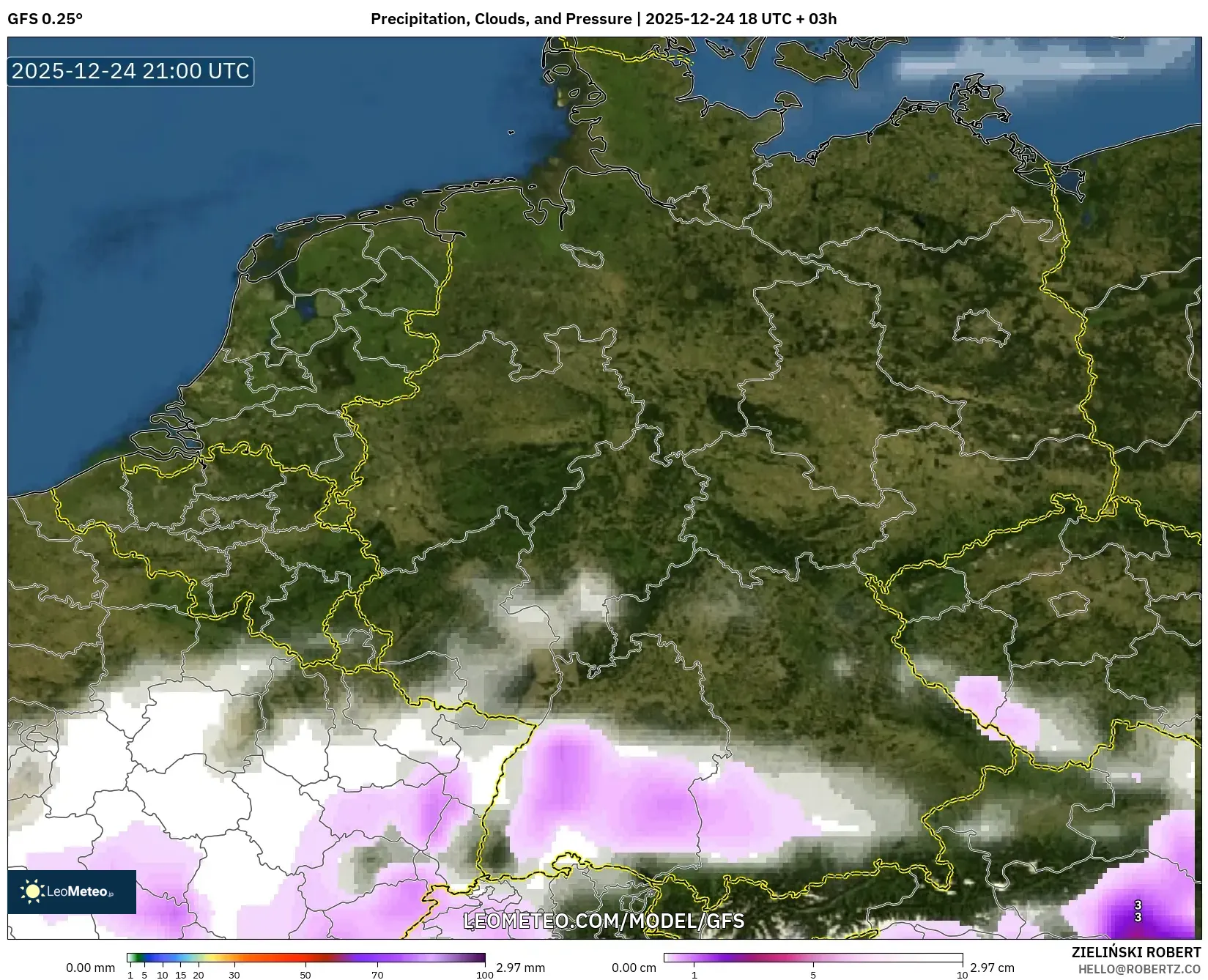 GFS model - Germany, Precipitation, Clouds, and Pressure