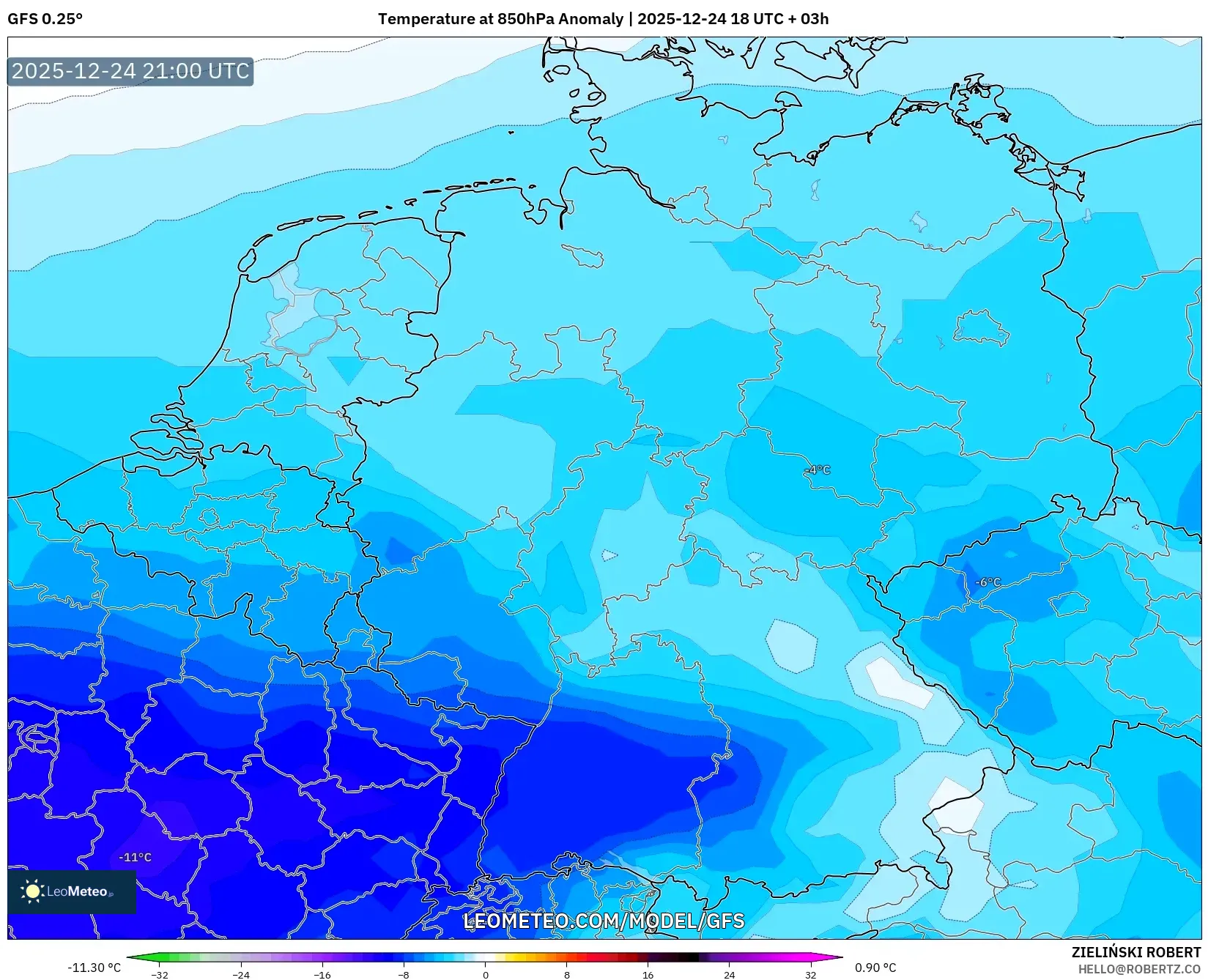 GFS model - Germany, Temperature at 850hPa Anomaly