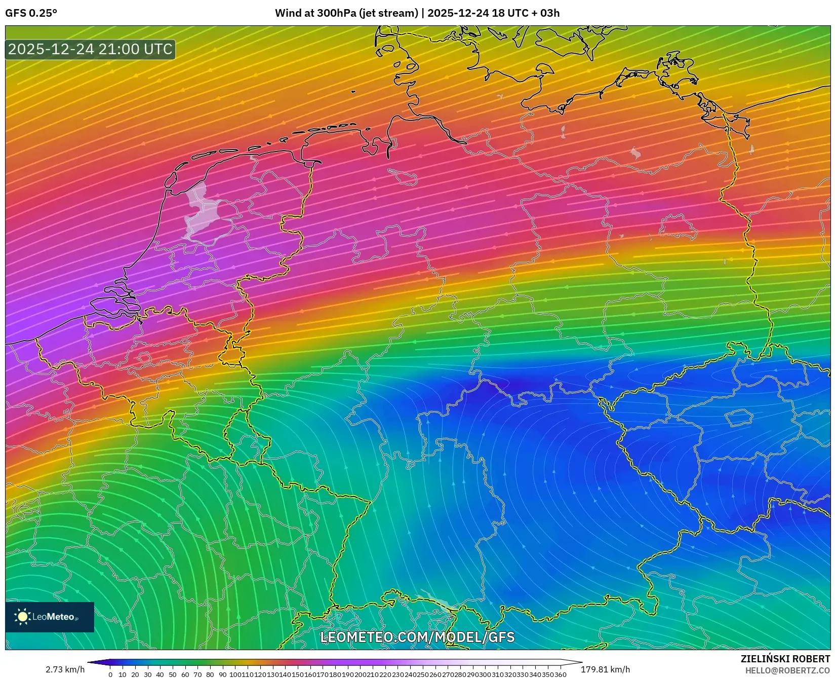 GFS model - Germany, Wind at 300hPa (jet stream)