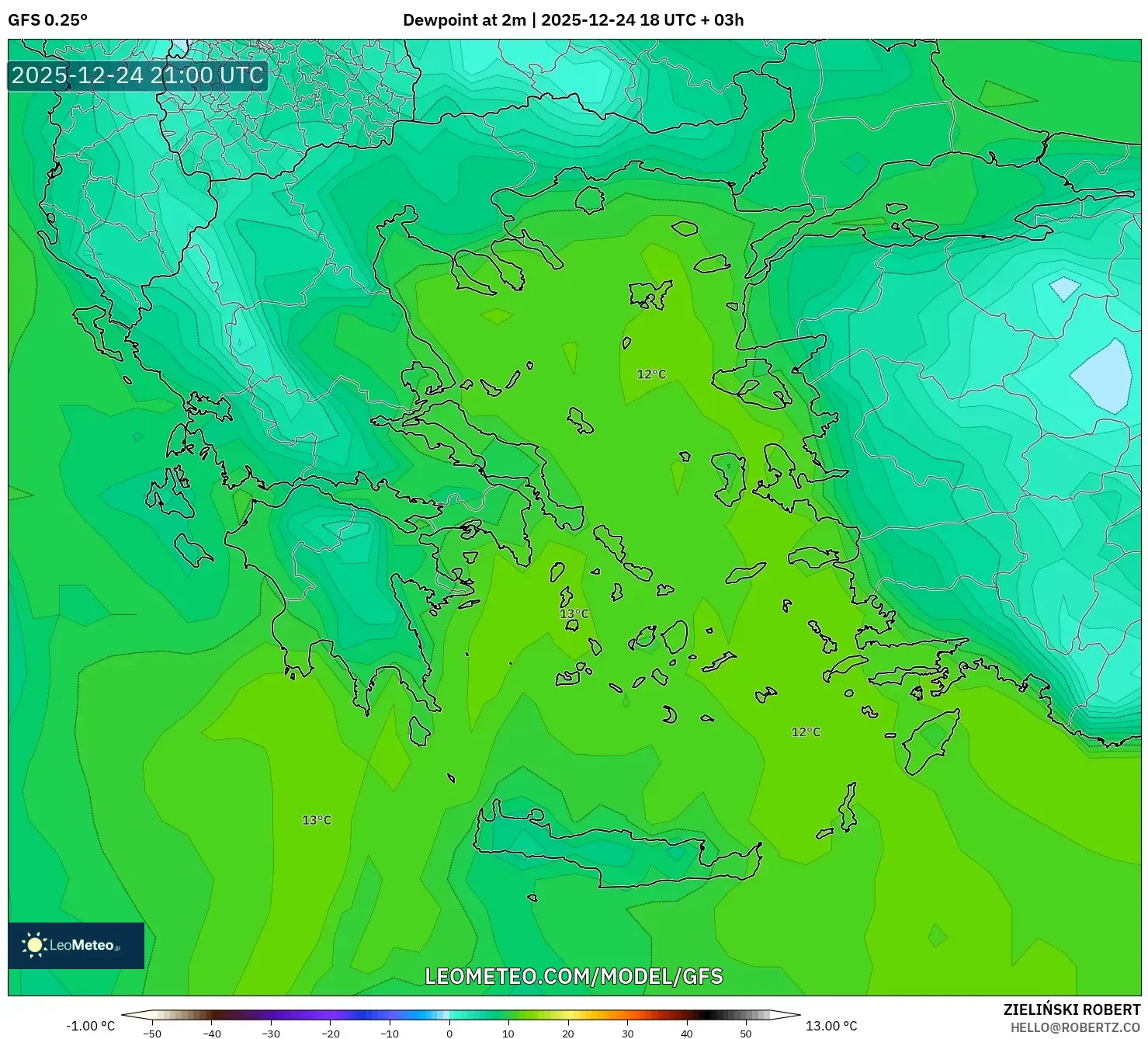 GFS model - Greece, Dewpoint at 2m
