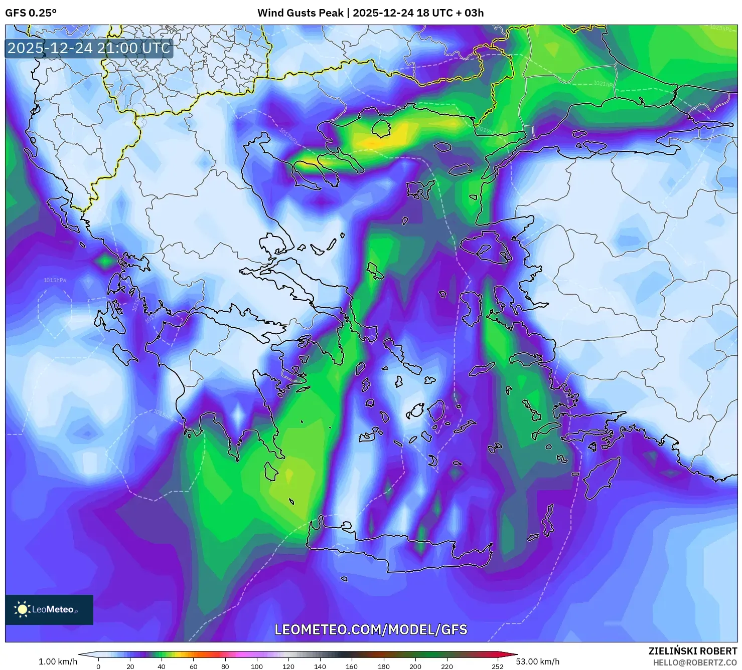 GFS model - Greece, Wind Gusts Peak