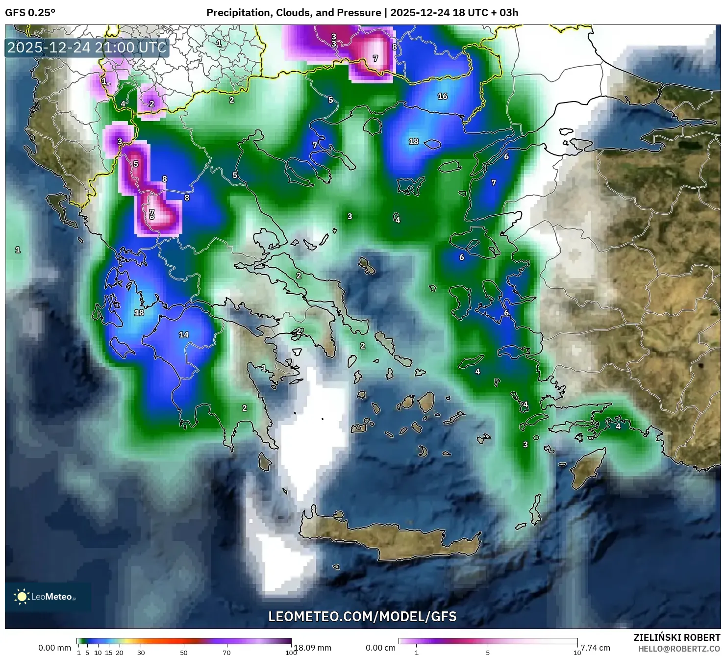 GFS model - Greece, Precipitation, Clouds, and Pressure