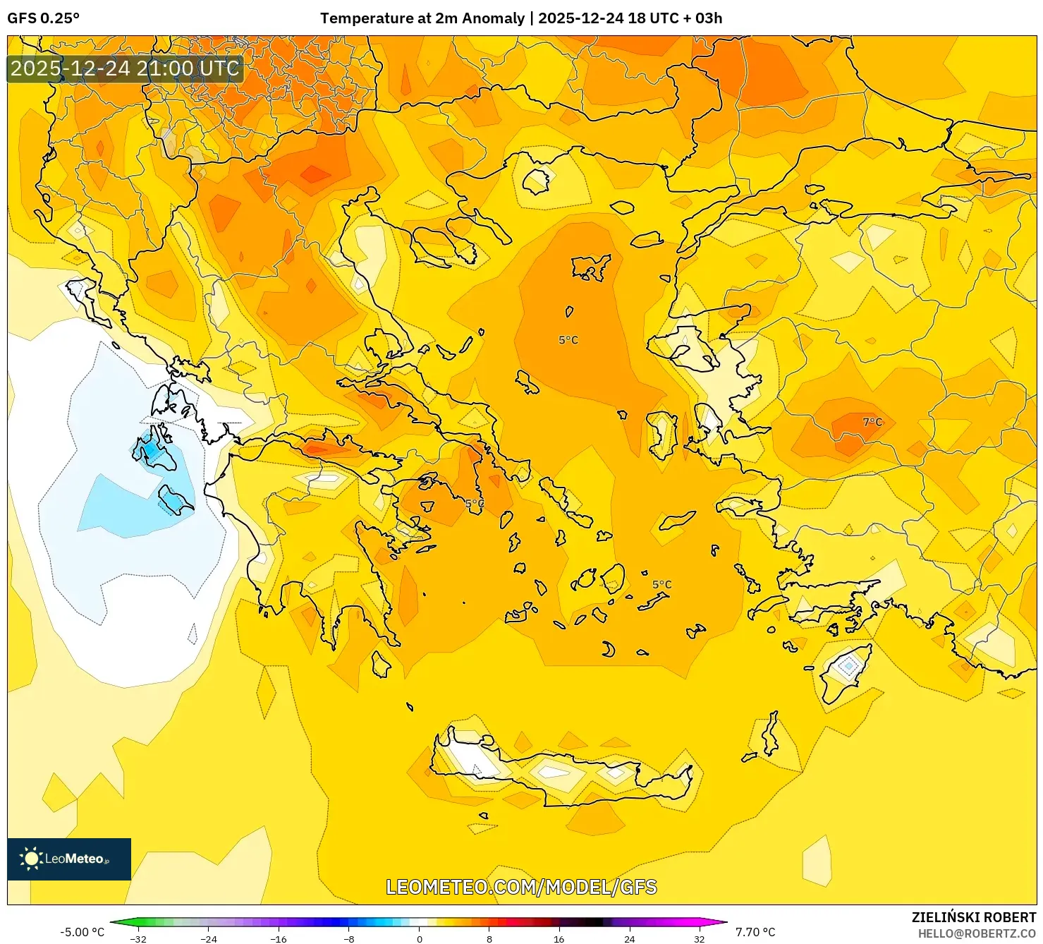 GFS model - Greece, Temperature at 2m Anomaly