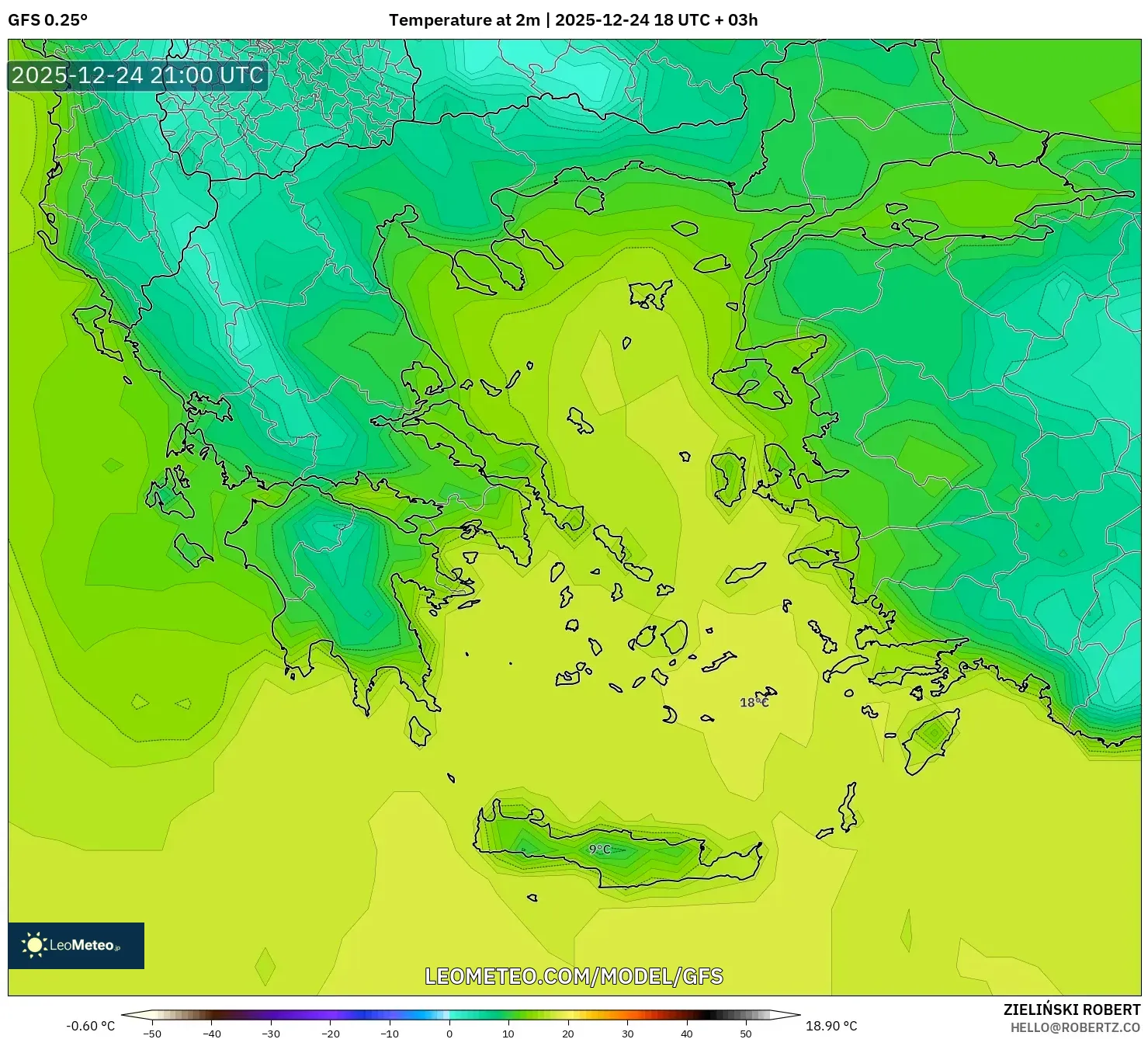 GFS model - Greece, Temperature at 2m