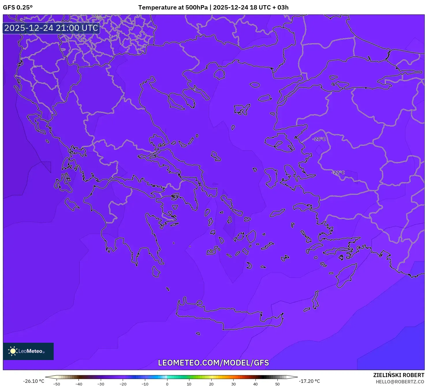 GFS model - Greece, Temperature at 500hPa