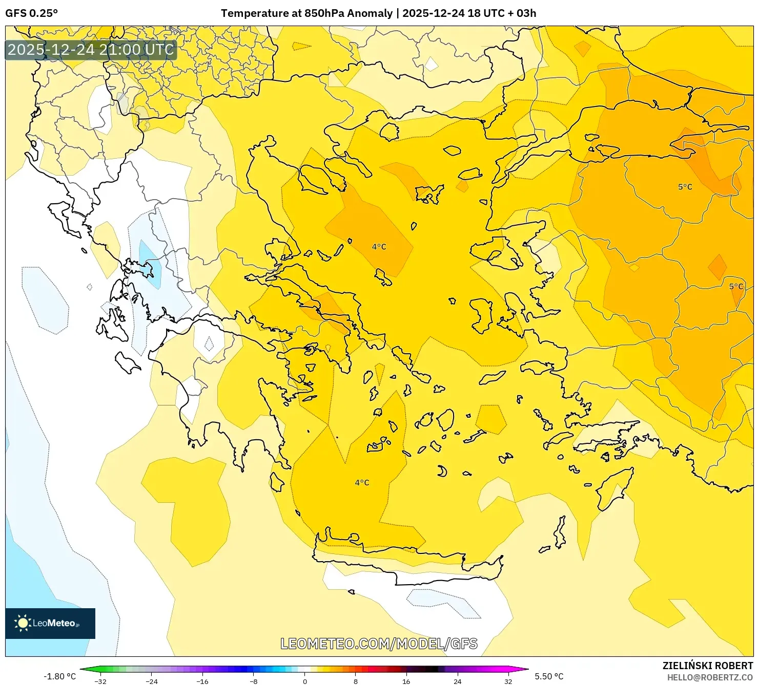 GFS model - Greece, Temperature at 850hPa Anomaly