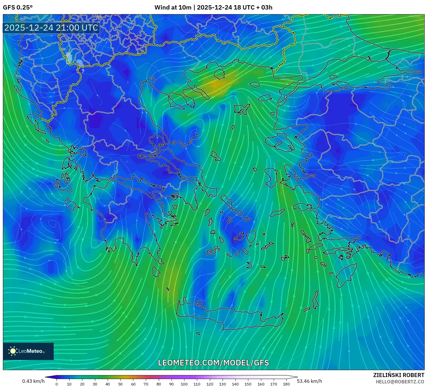 GFS model - Greece, Wind at 10m