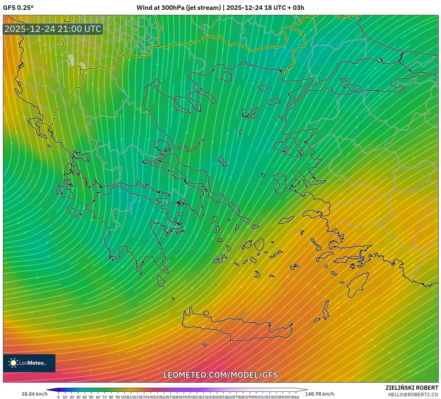GFS model - Greece, Wind at 300hPa (jet stream)