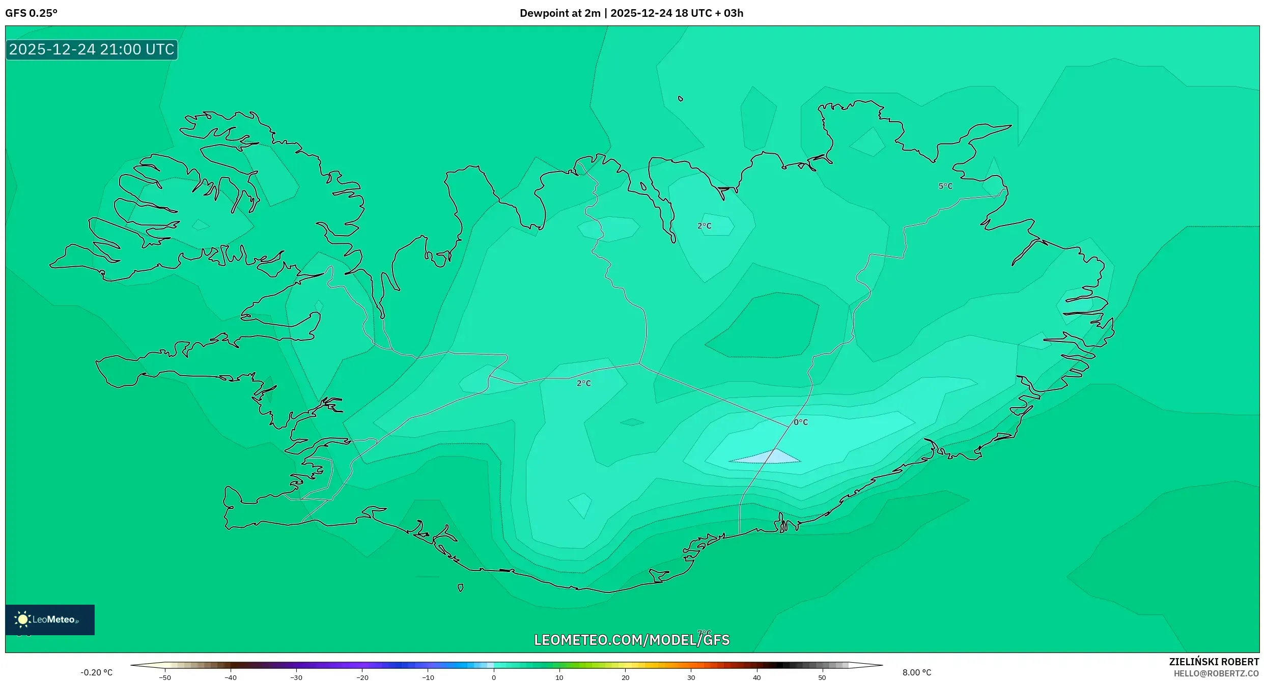GFS model - Iceland, Dewpoint at 2m