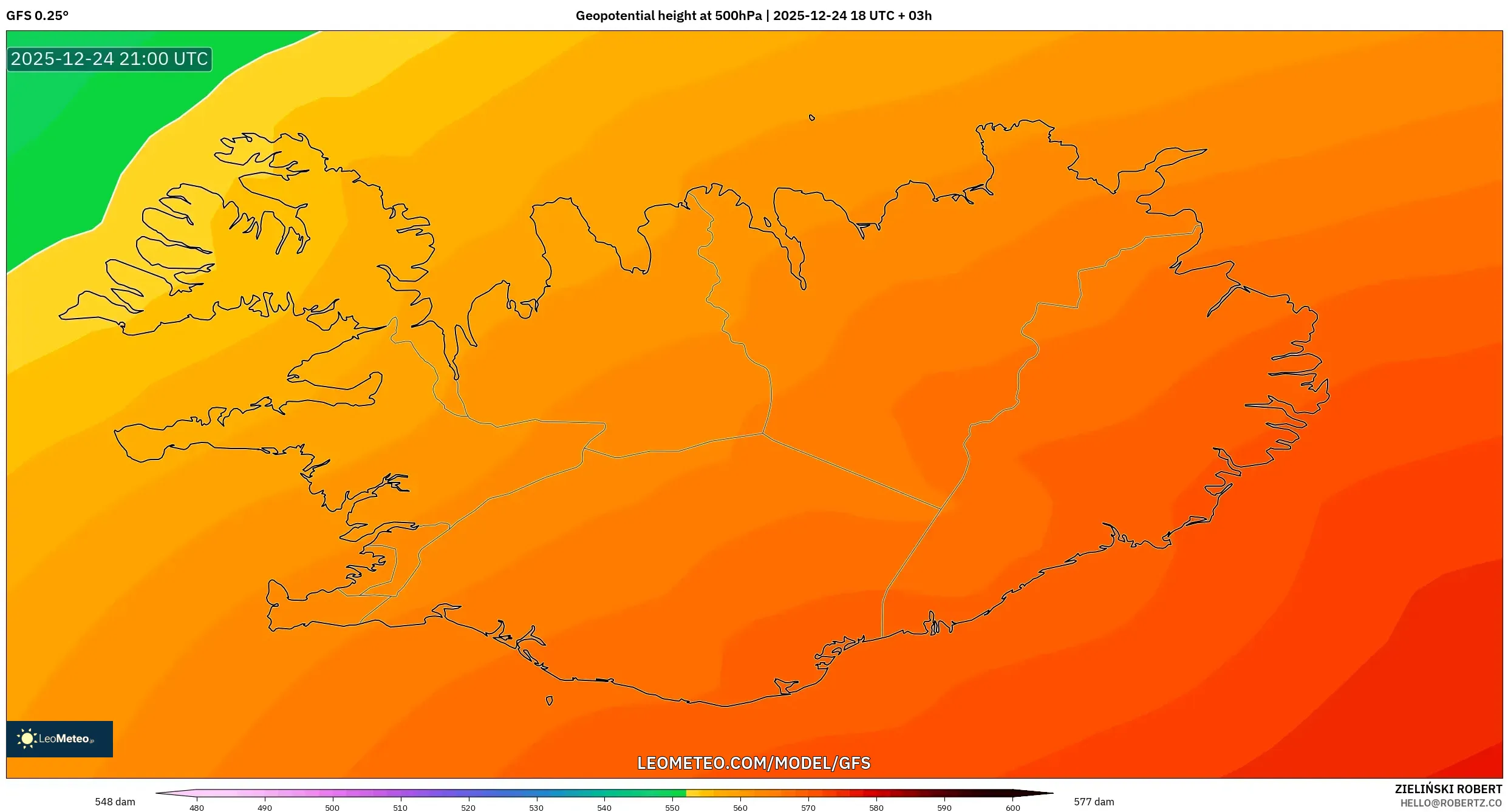 GFS model - Iceland, Geopotential height at 500hPa