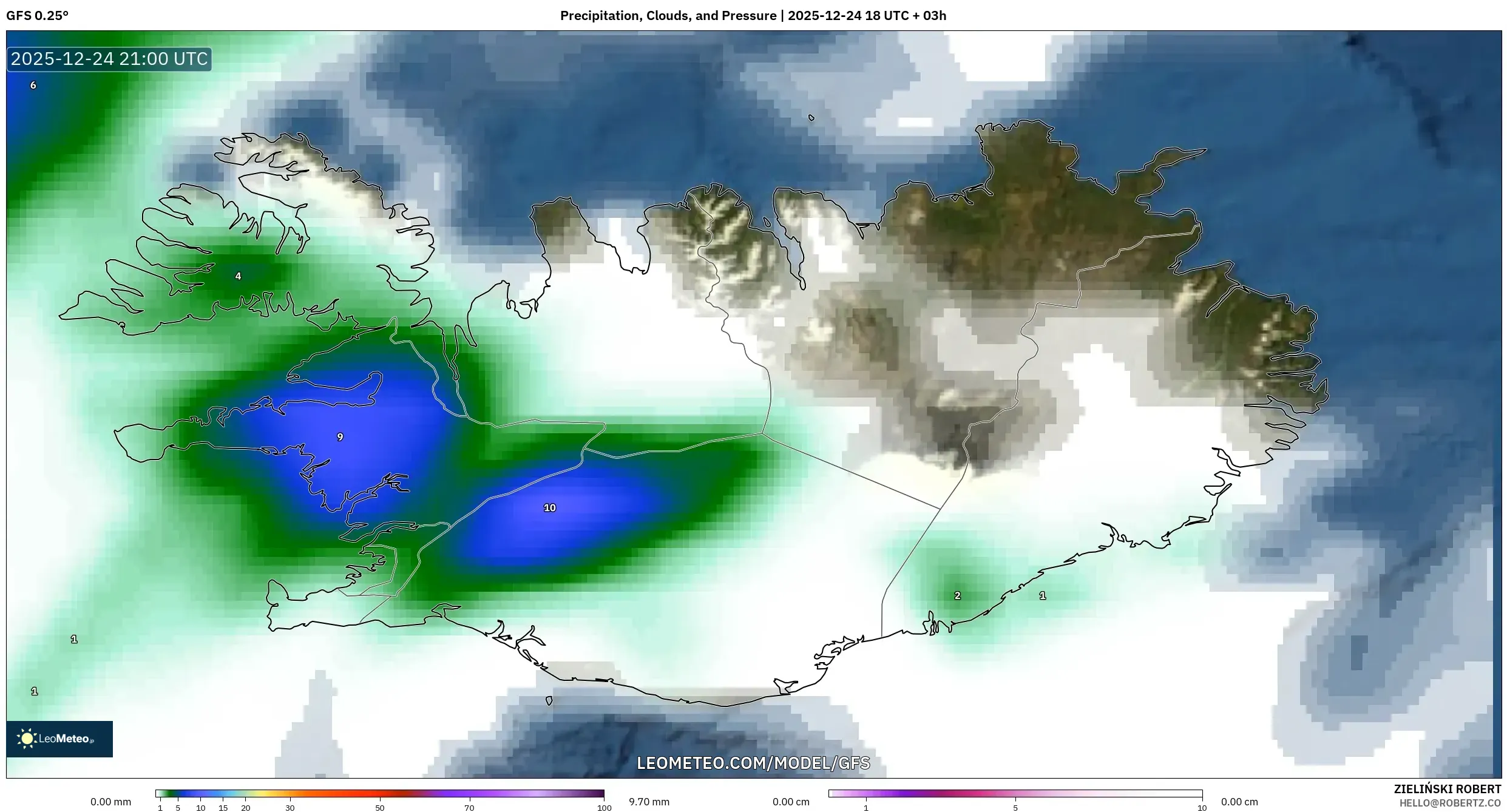 GFS model - Iceland, Precipitation, Clouds, and Pressure
