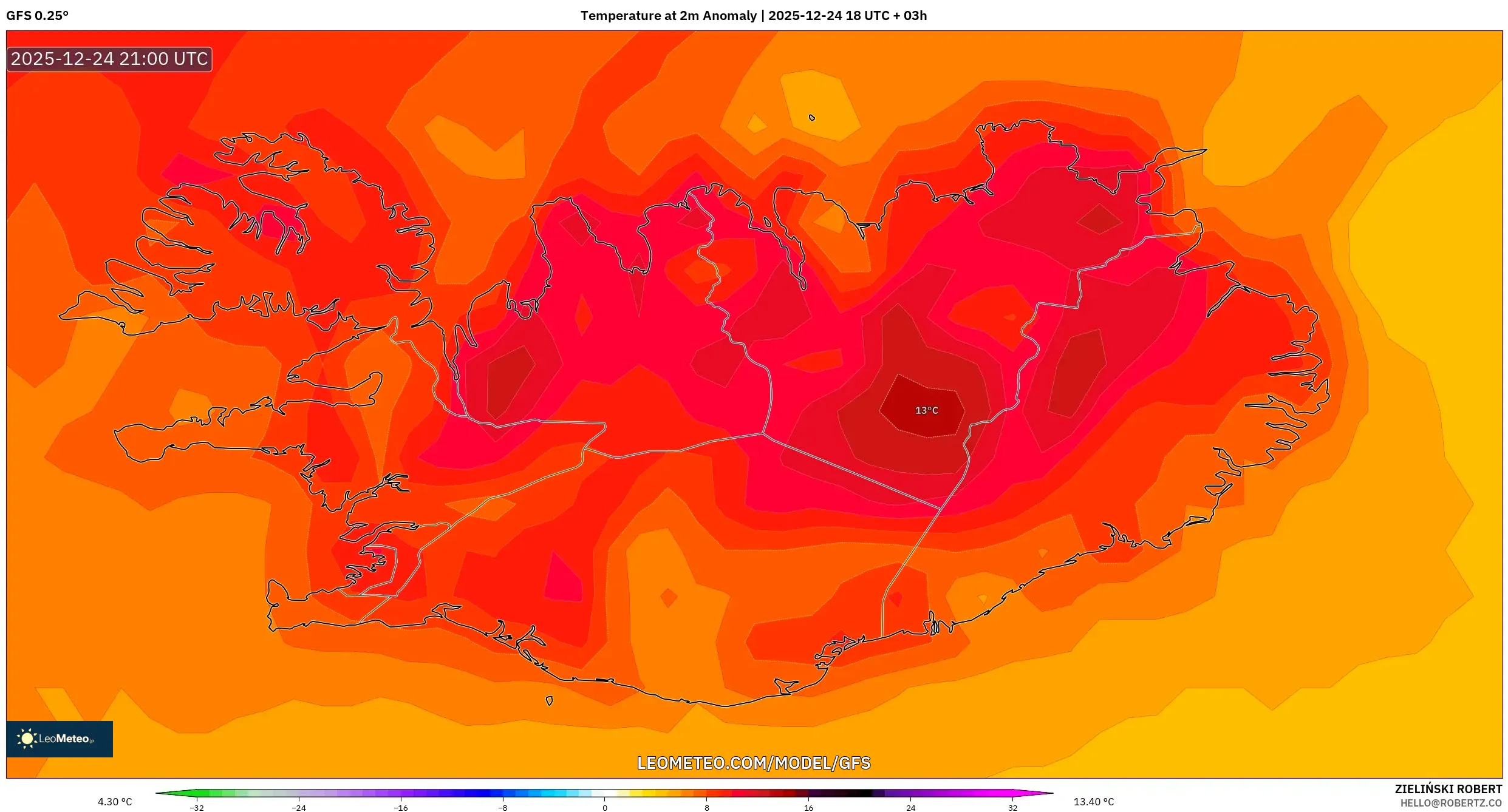 GFS model - Iceland, Temperature at 2m Anomaly