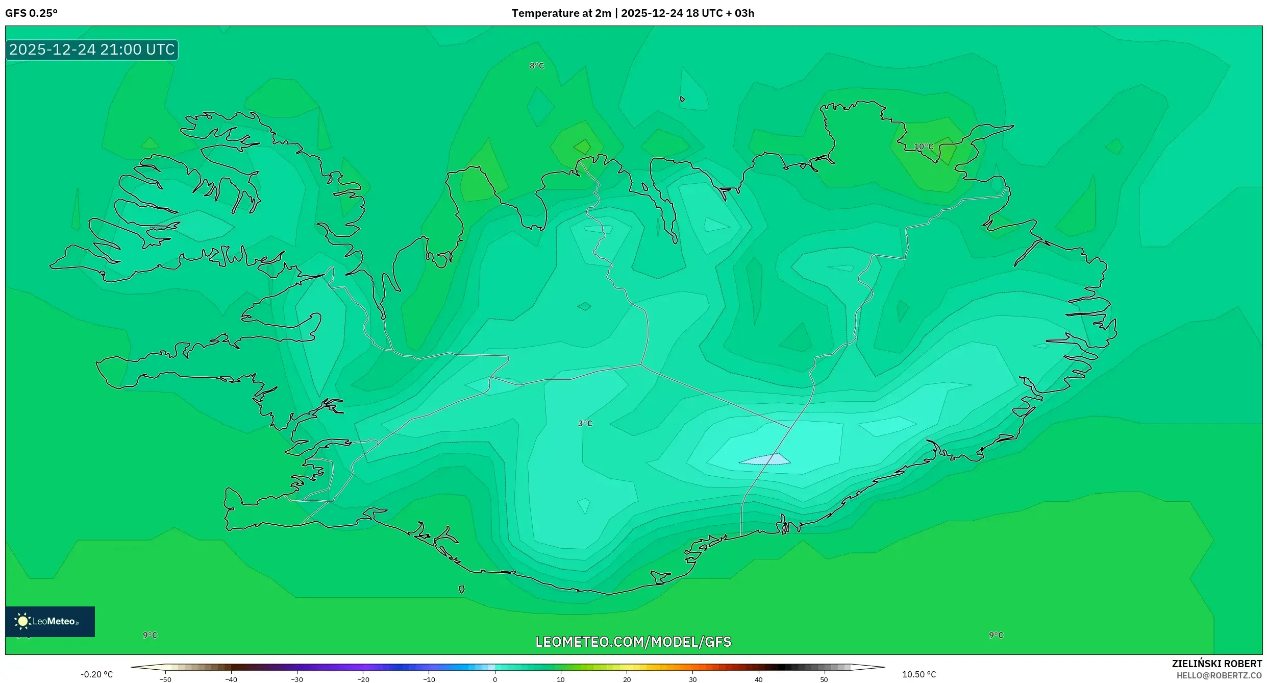 GFS model - Iceland, Temperature at 2m