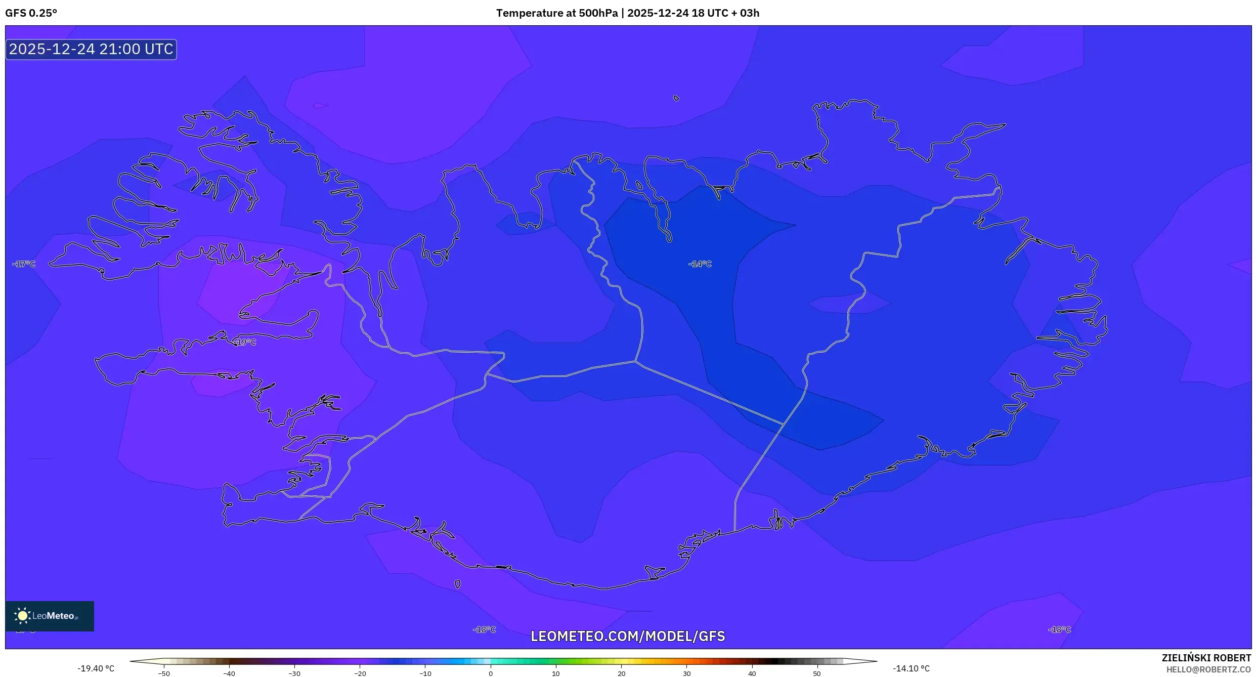 GFS model - Iceland, Temperature at 500hPa