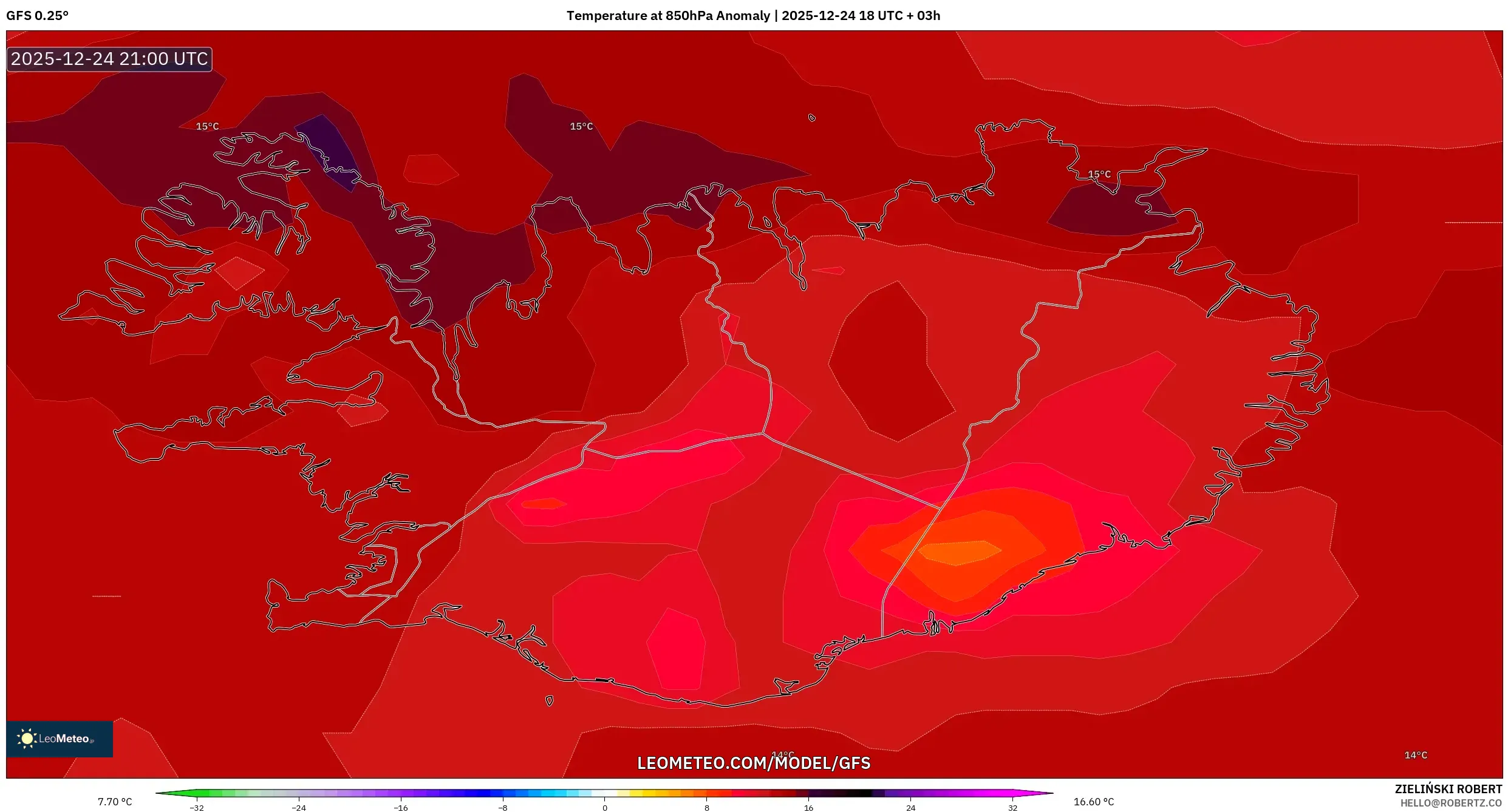 GFS model - Iceland, Temperature at 850hPa Anomaly