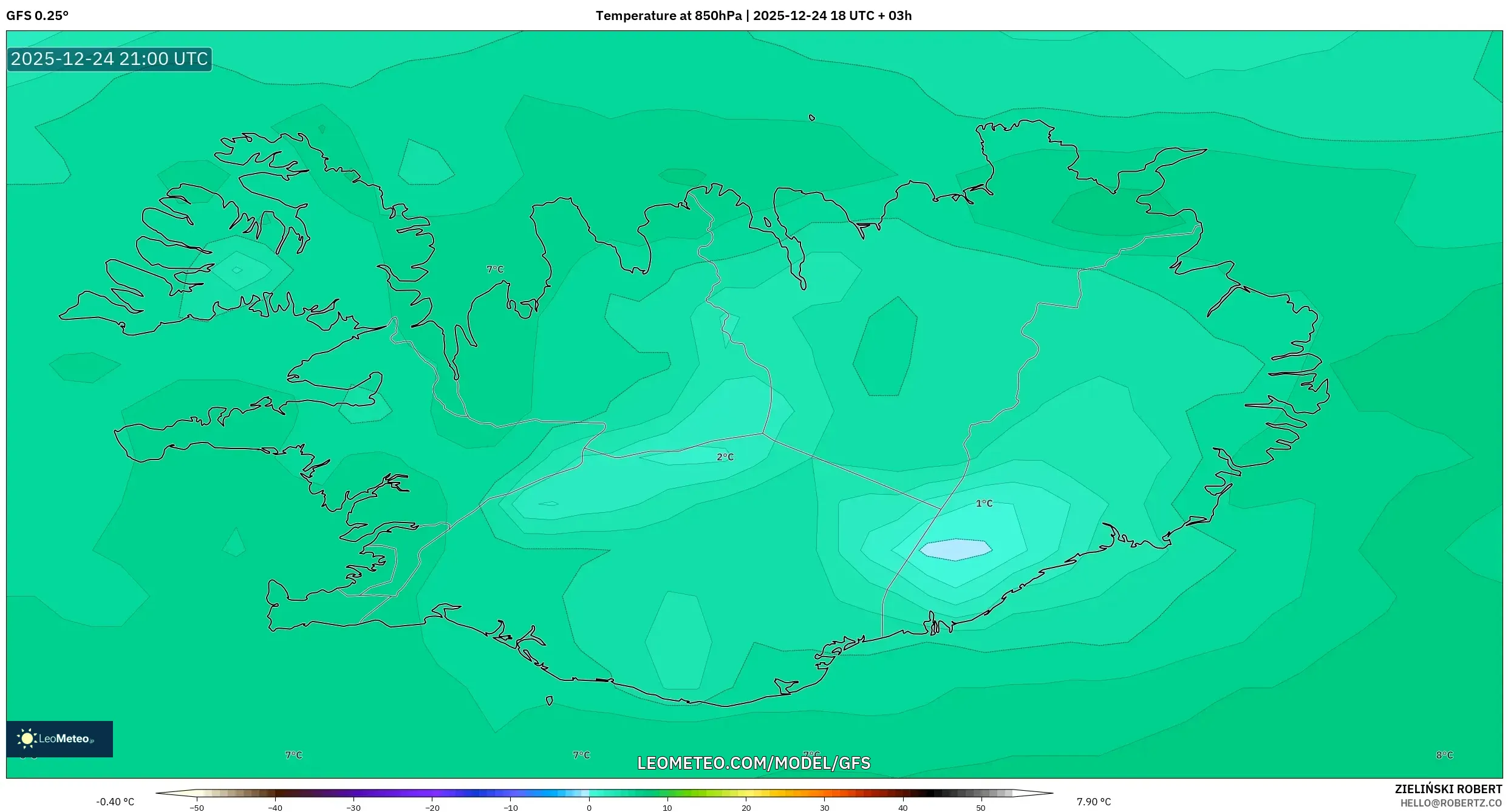 GFS model - Iceland, Temperature at 850hPa
