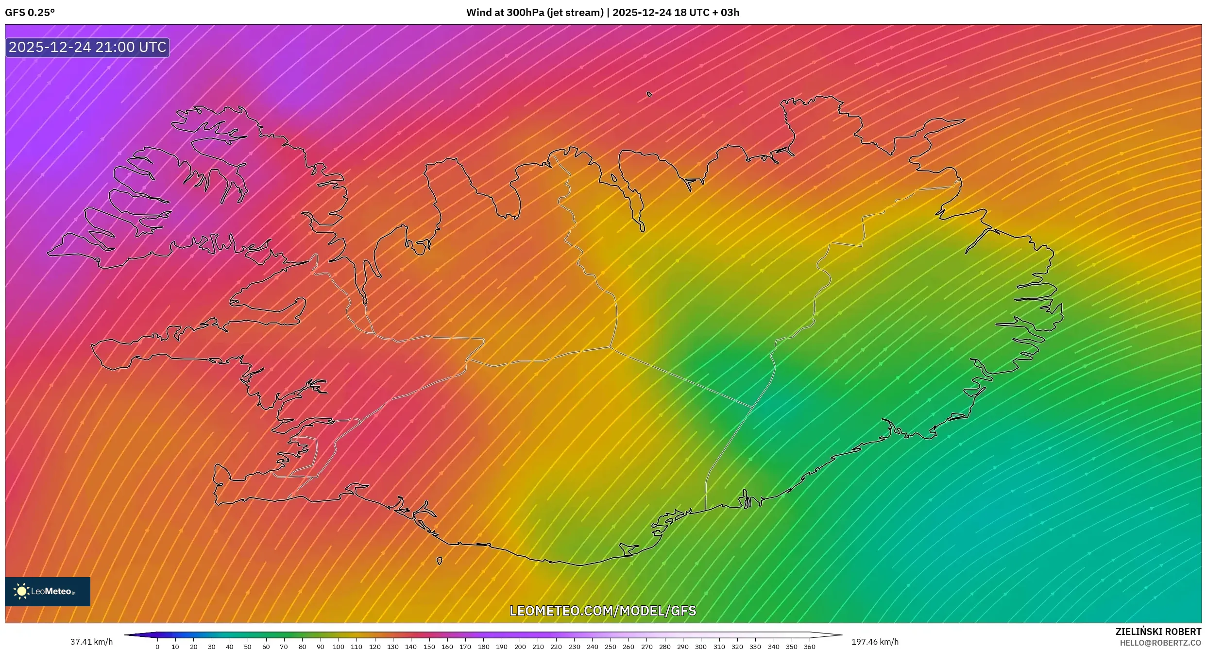 GFS model - Iceland, Wind at 300hPa (jet stream)