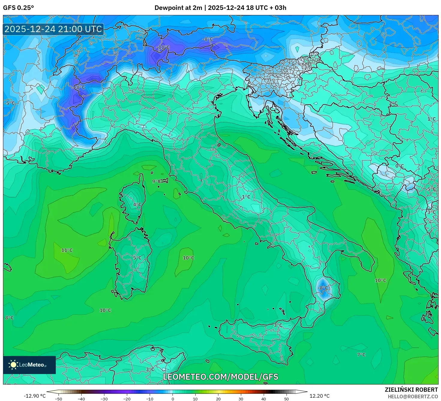 GFS model - Italy, Dewpoint at 2m