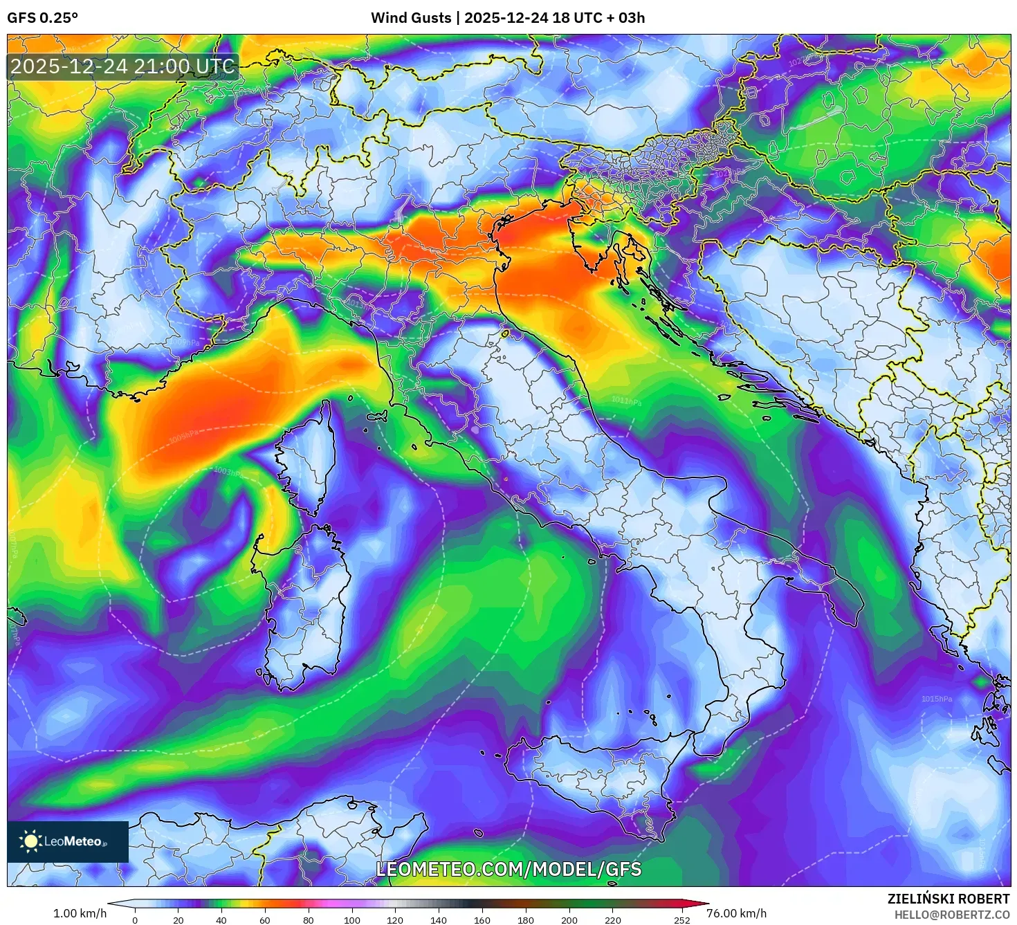 GFS model - Italy, Wind Gusts