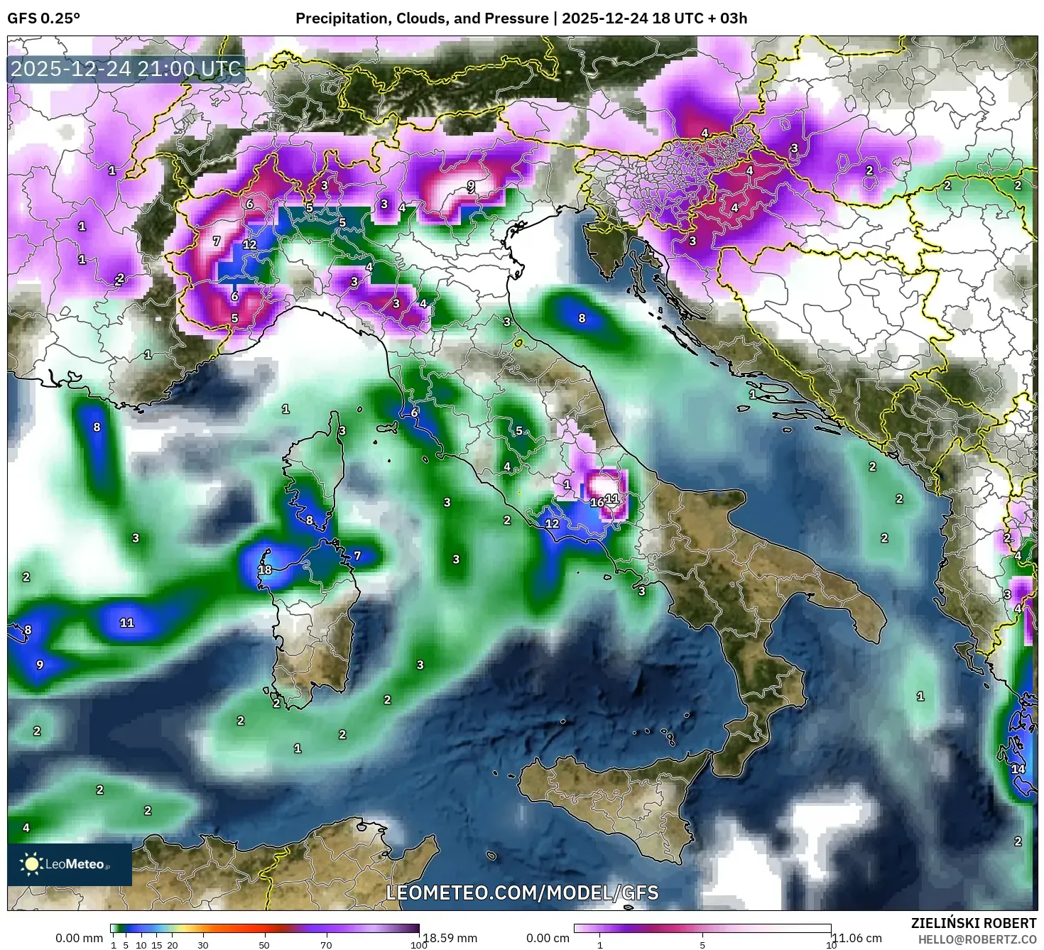 GFS model - Italy, Precipitation, Clouds, and Pressure