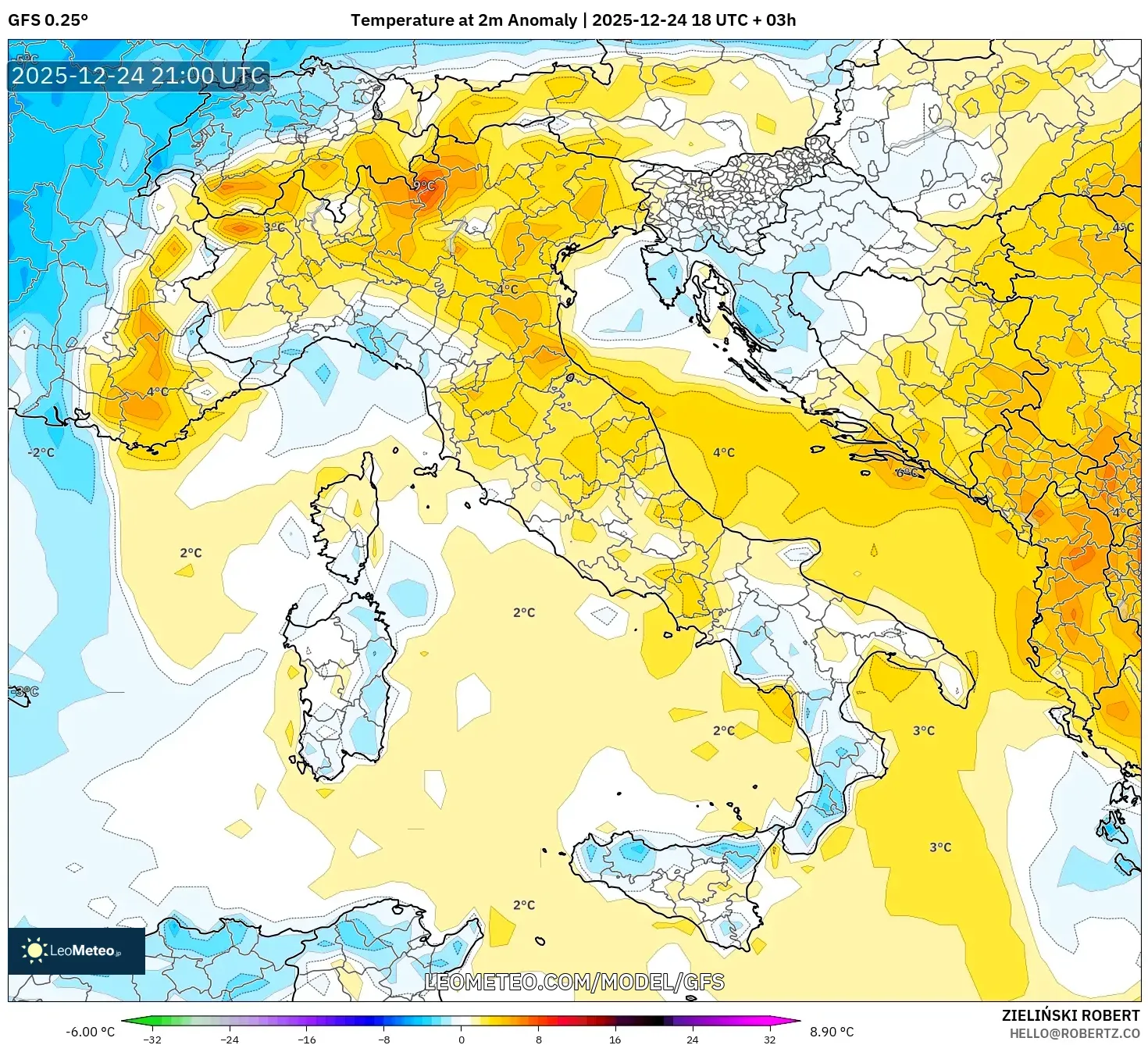 GFS model - Italy, Temperature at 2m Anomaly