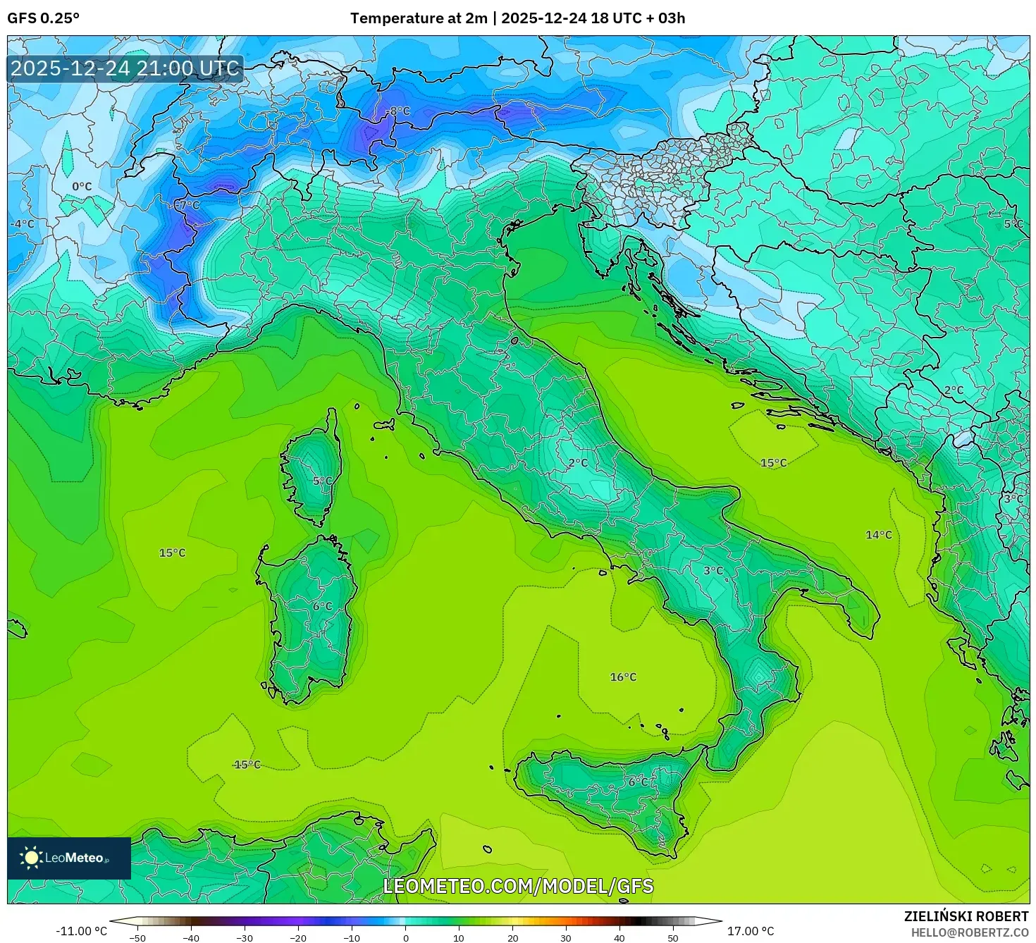 GFS model - Italy, Temperature at 2m